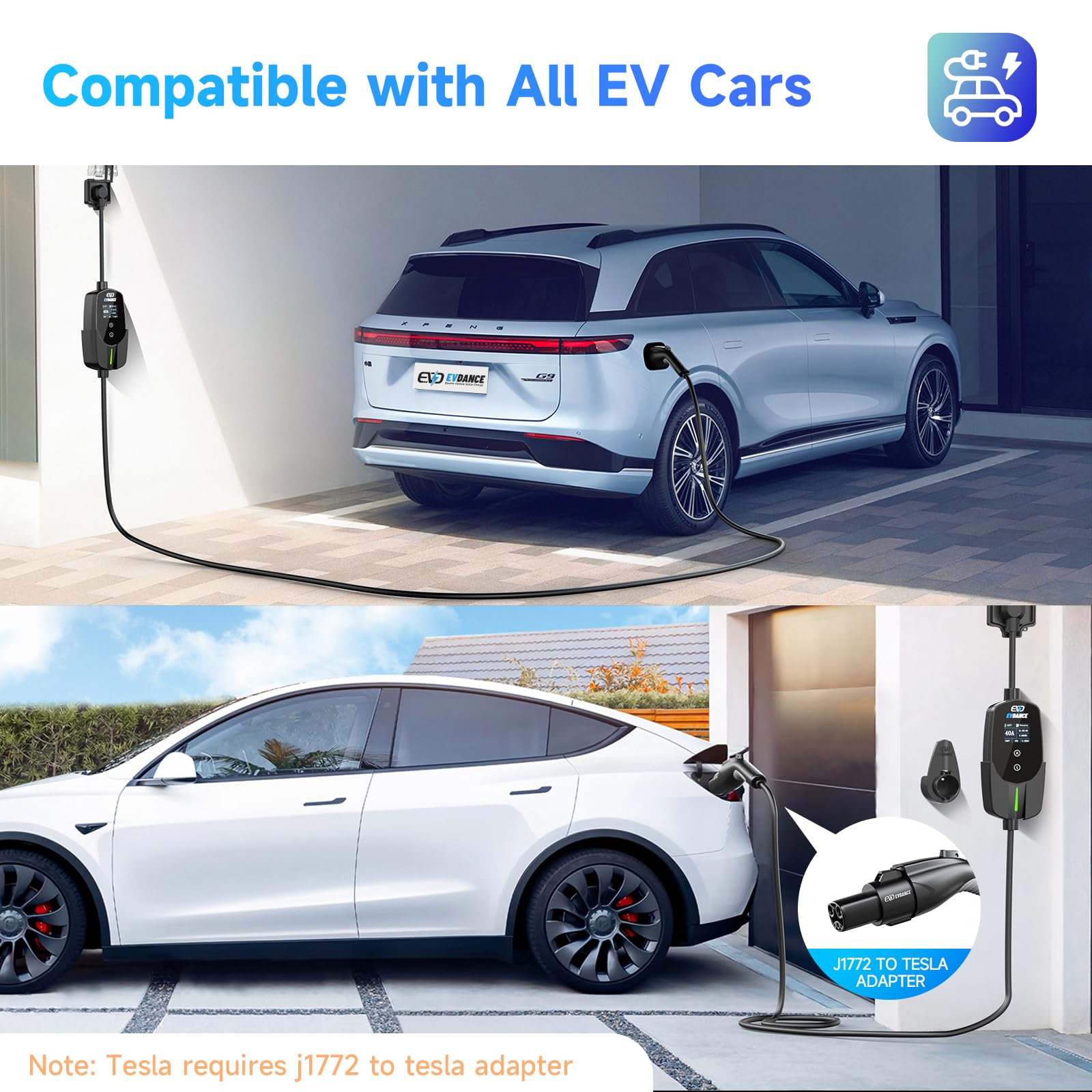 EVDANCE J1772 plug connected to vehicle illustrating universal compatibility