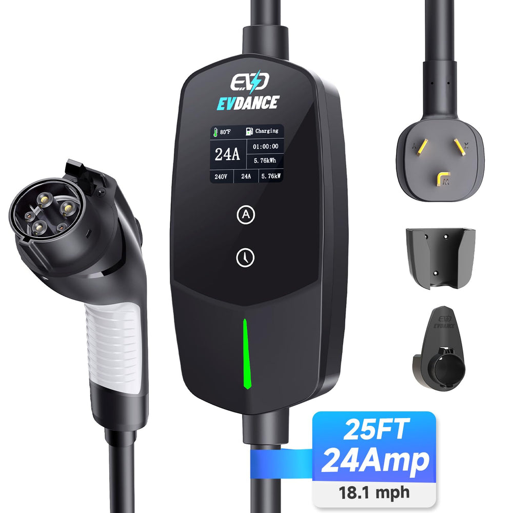 EVDANCE charger next to electric vehicle showing size and real-world scale benefit