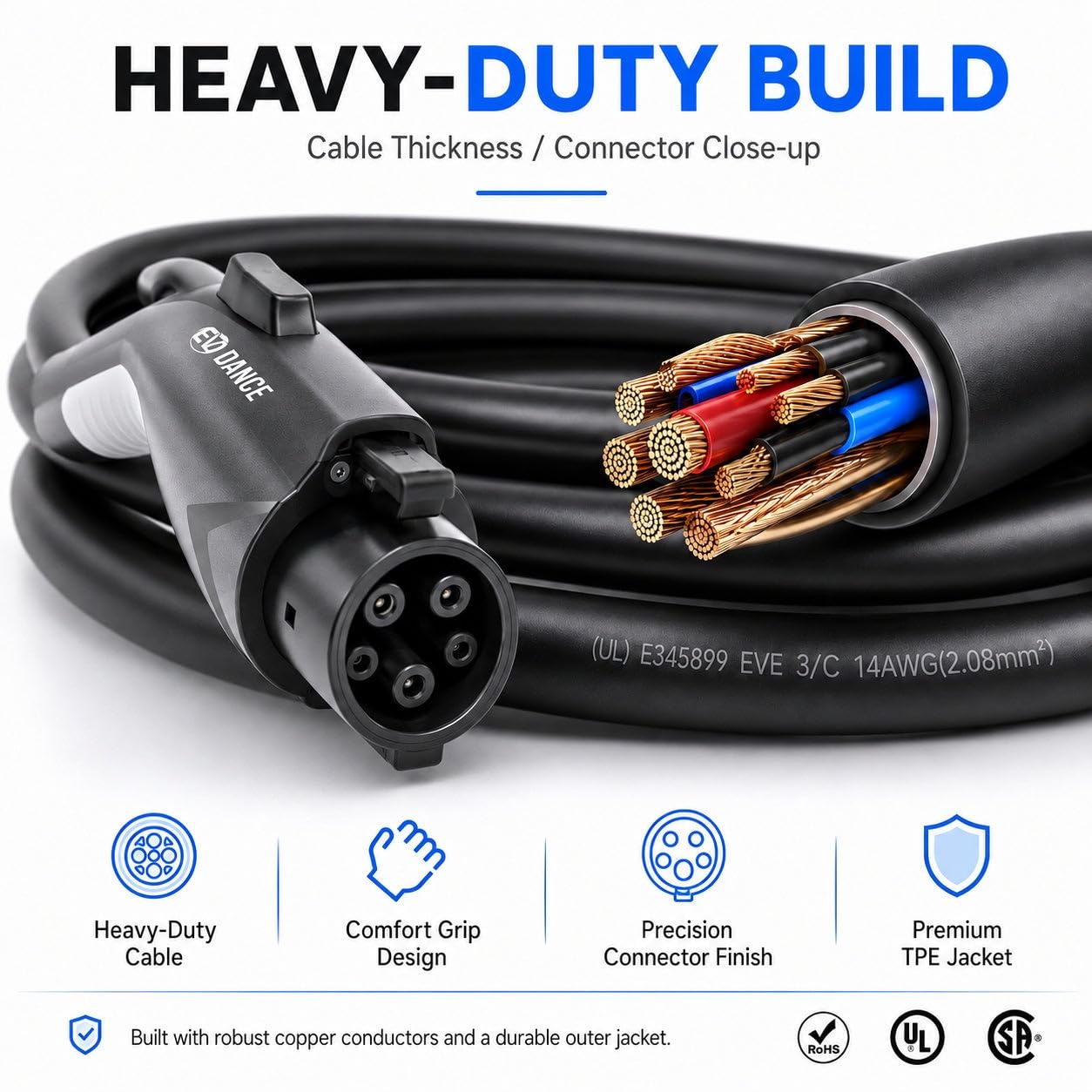 EVDANCE cable beside hand for scale showing manageable 21ft length