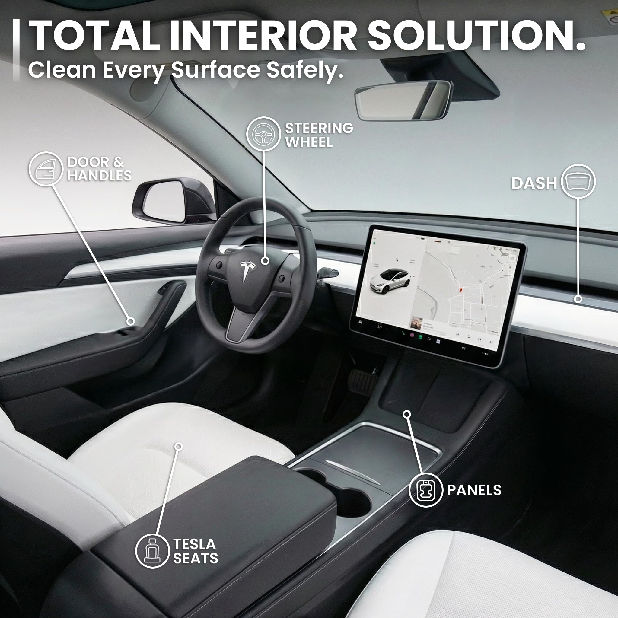 EVEO spray being used on a Tesla seat demonstrating quick stain removal