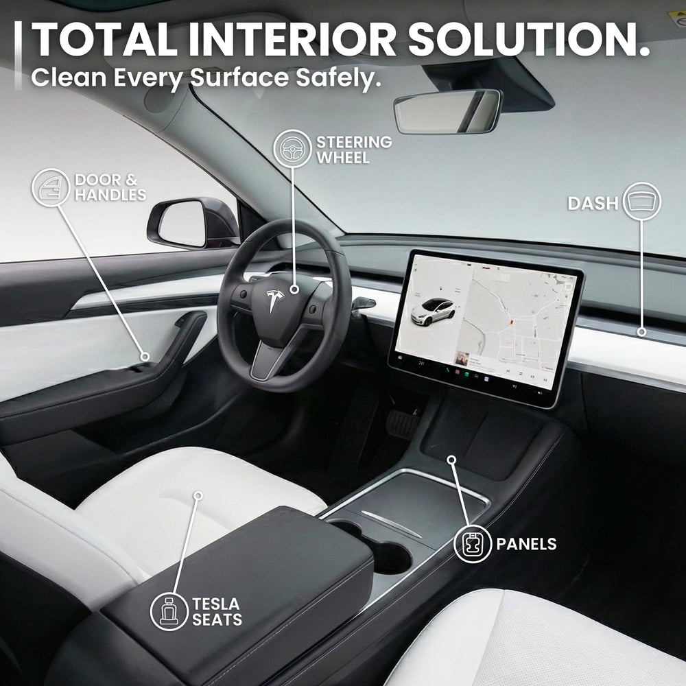 EVEO spray being used on a Tesla seat demonstrating quick stain removal