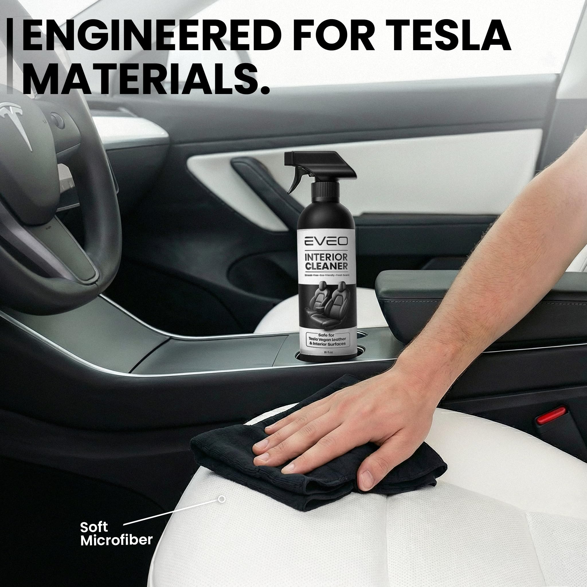 EVEO cleaned vegan leather seat texture showing restored finish benefit