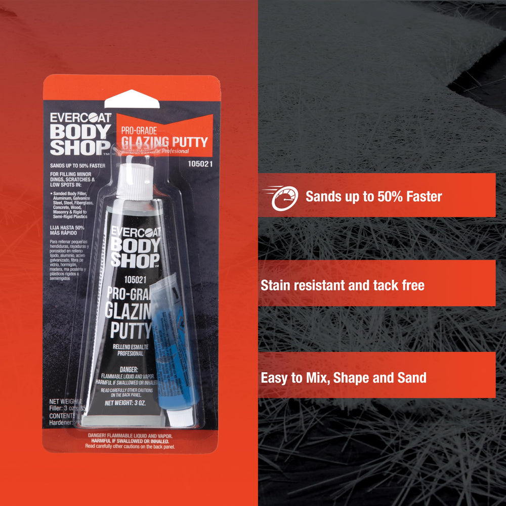 Evercoat Body Shop putty used on fiberglass repair showing neat repairs