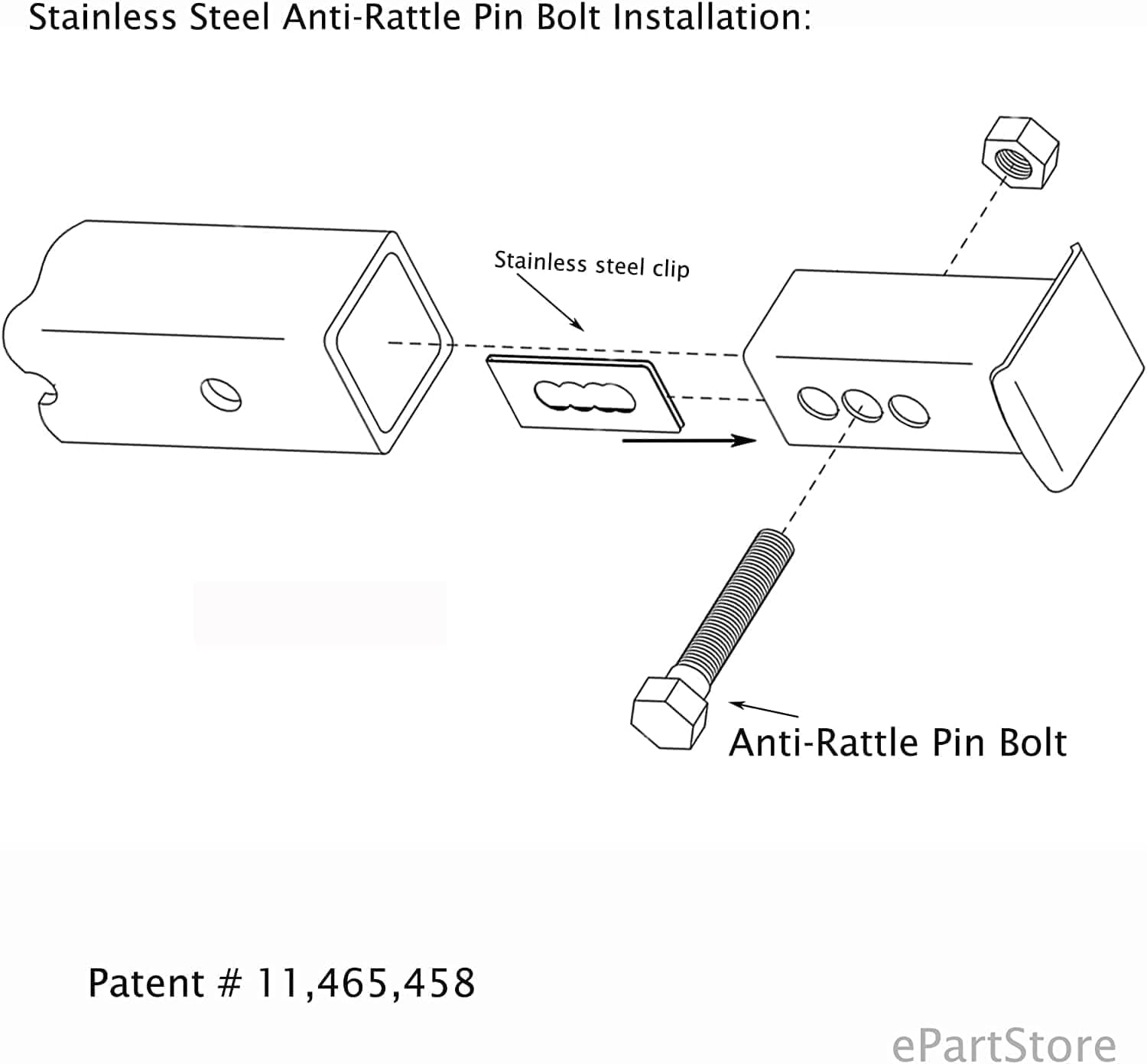 eVerHITCH anti-rattle pin bolt displayed to show noise-free tightened fit