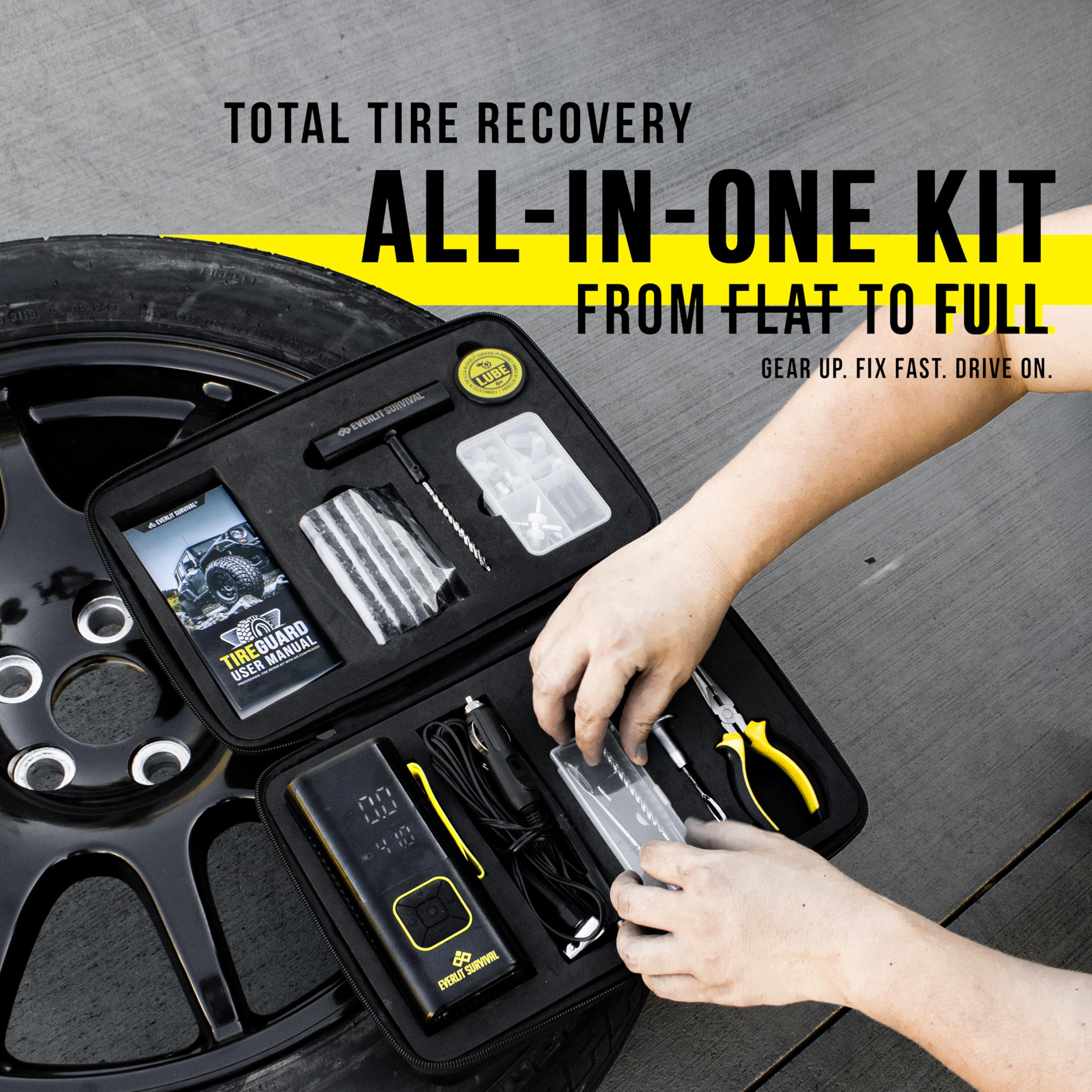 EVERLIT plug tools and accessories laid out for fast roadside puncture repair