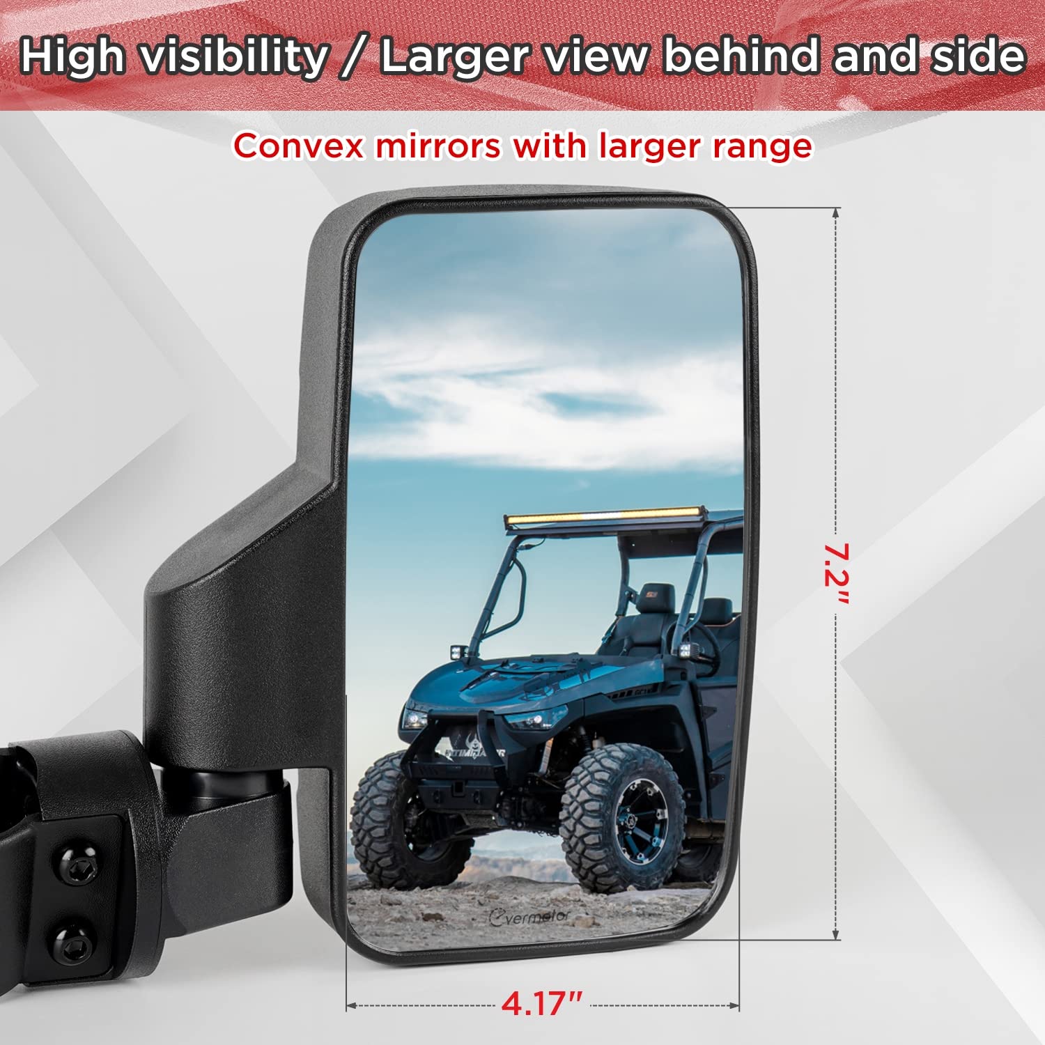 evermotor mirror beside ruler showing 7.2x4.17 inches size advantage