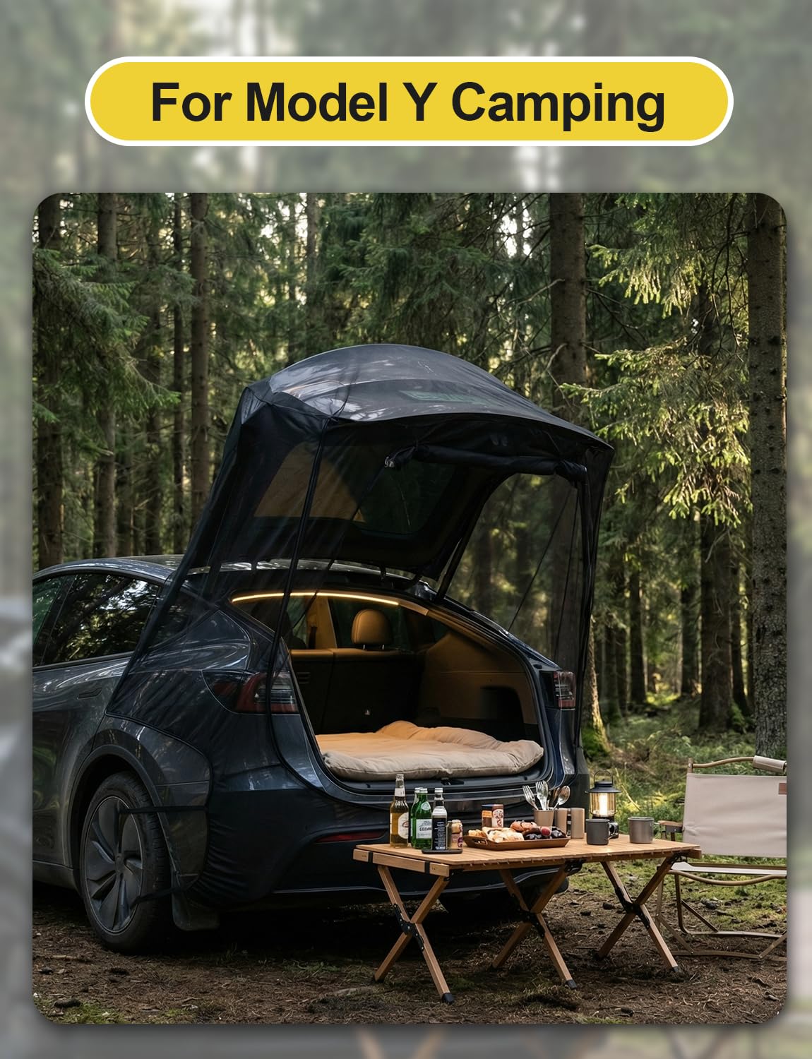 EVFITUS lifestyle shot of Model Y camping with mesh, depicting bug-free sleeping outdoors