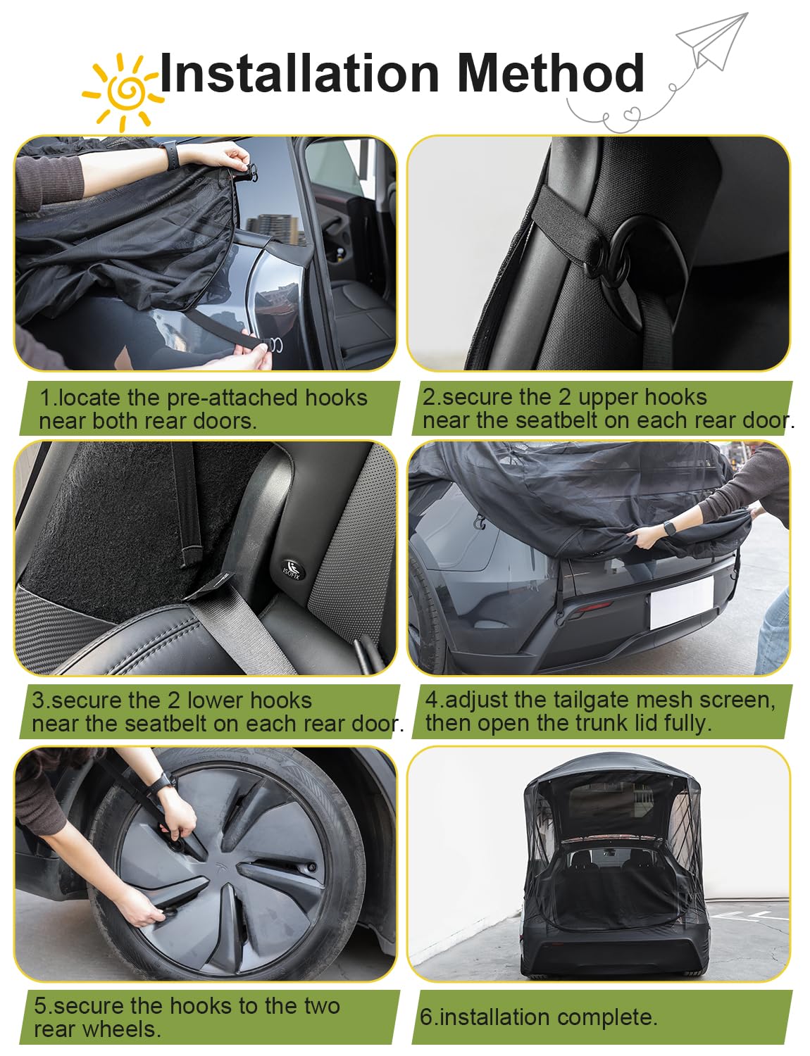EVFITUS mesh rolled and hooked to tailgate edge, demonstrating convenient storage