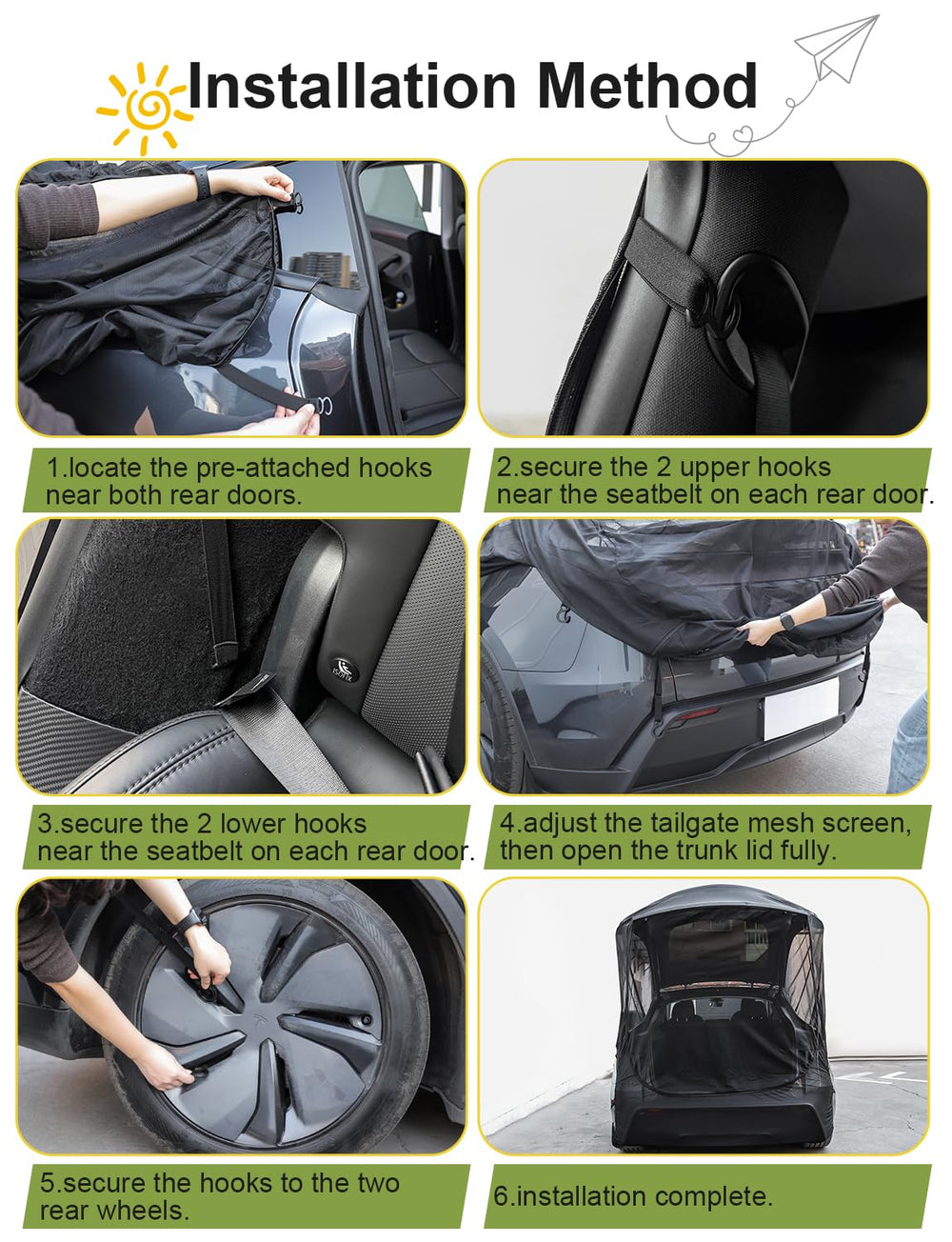 EVFITUS mesh rolled and hooked to tailgate edge, demonstrating convenient storage