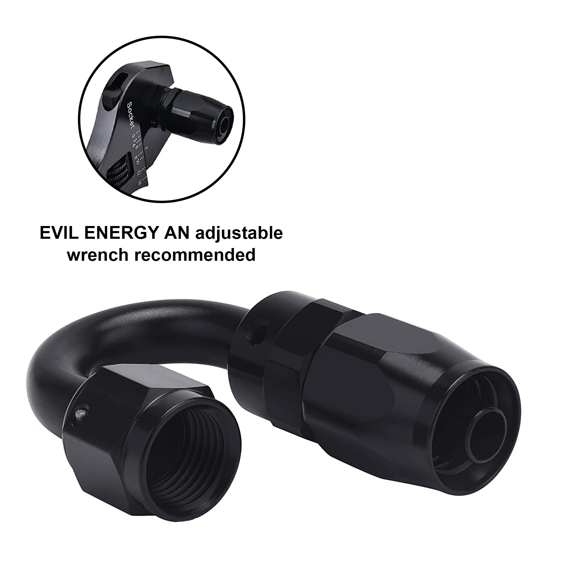 EVIL ENERGY fitting next to ruler for scale illustrating compact 180° bend size