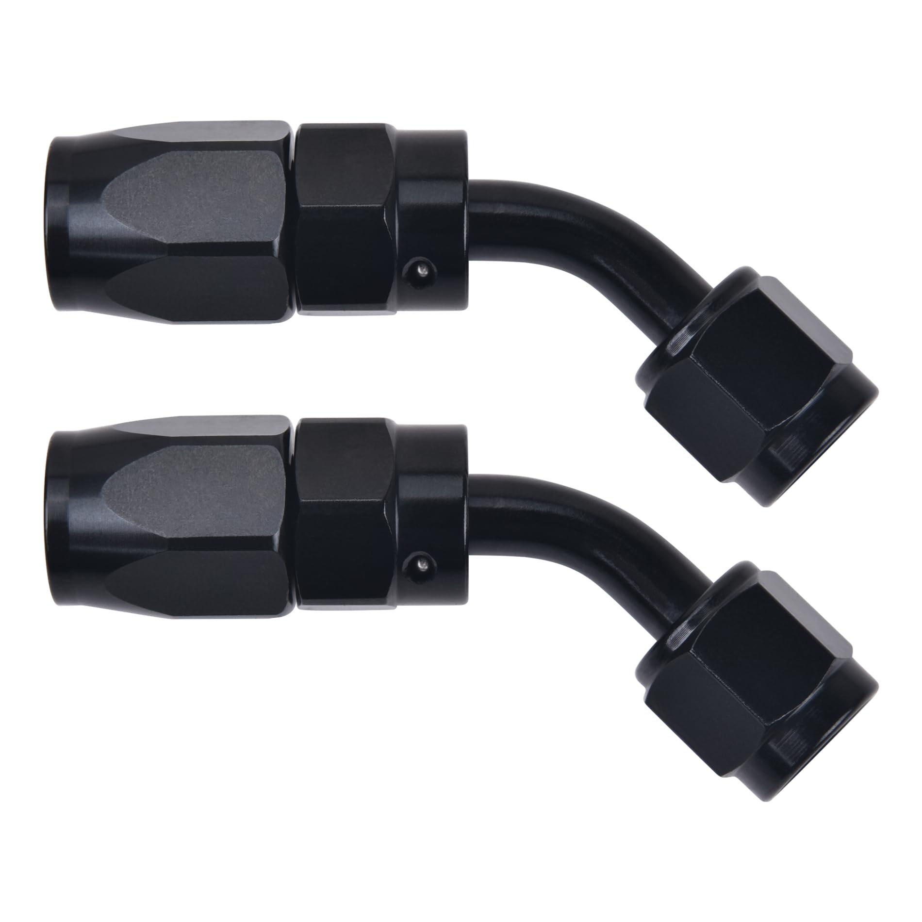 EVIL ENERGY front view of 10AN 45° fittings showing compact profile and strength