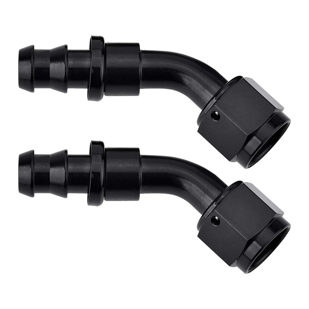 EVIL ENERGY front view of black 45° 6AN to 3/8" barb fitting showing profile and finish