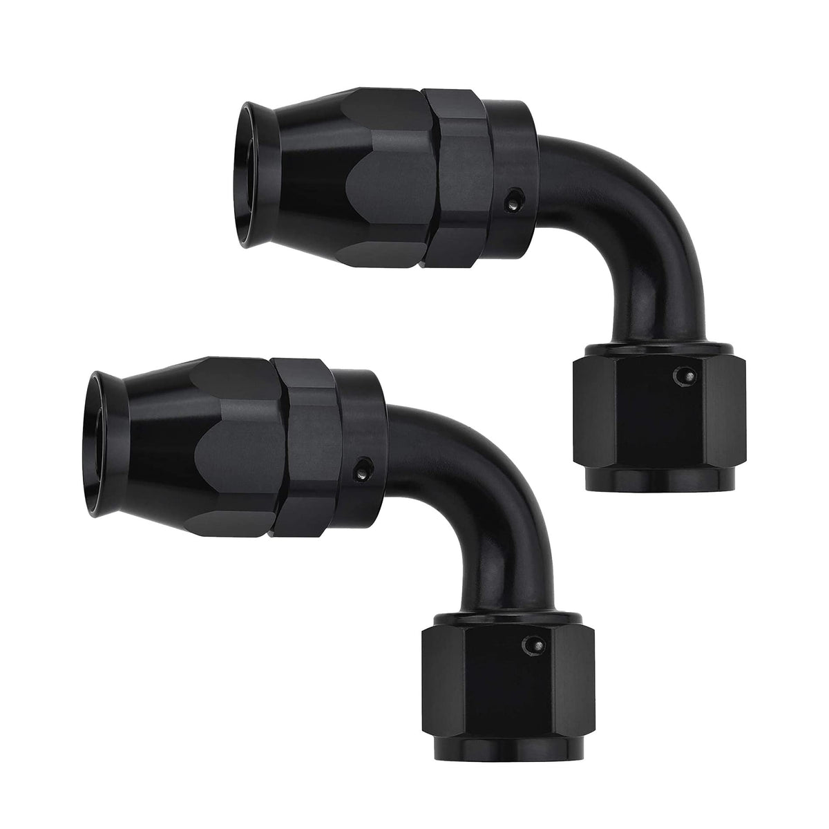 EVIL ENERGY 6AN 90° fitting front view showing black anodized finish and benefit of corrosion resistance