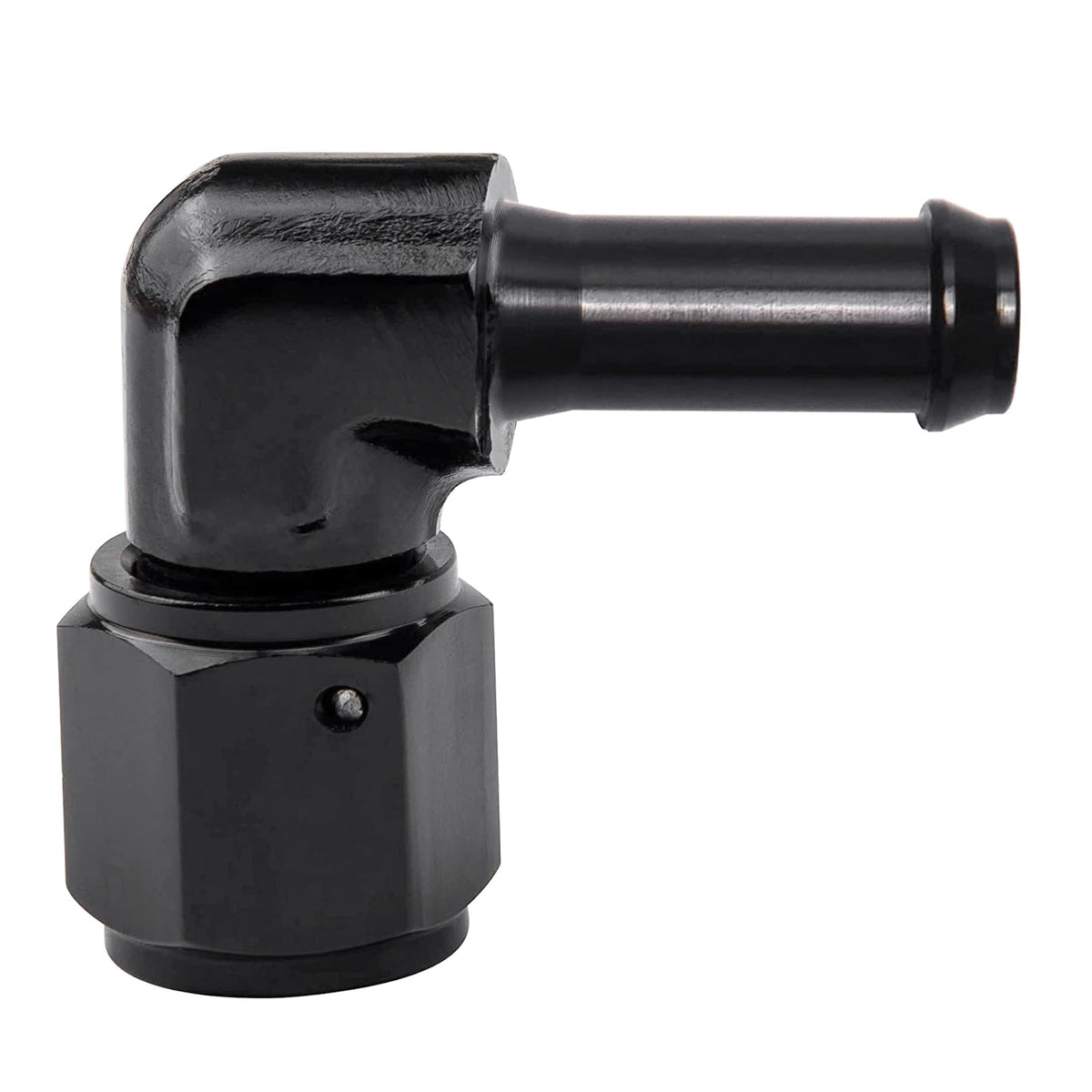 EVIL ENERGY front view of 6AN female to 5/16" barb showing compact 90° swivel and routing benefit