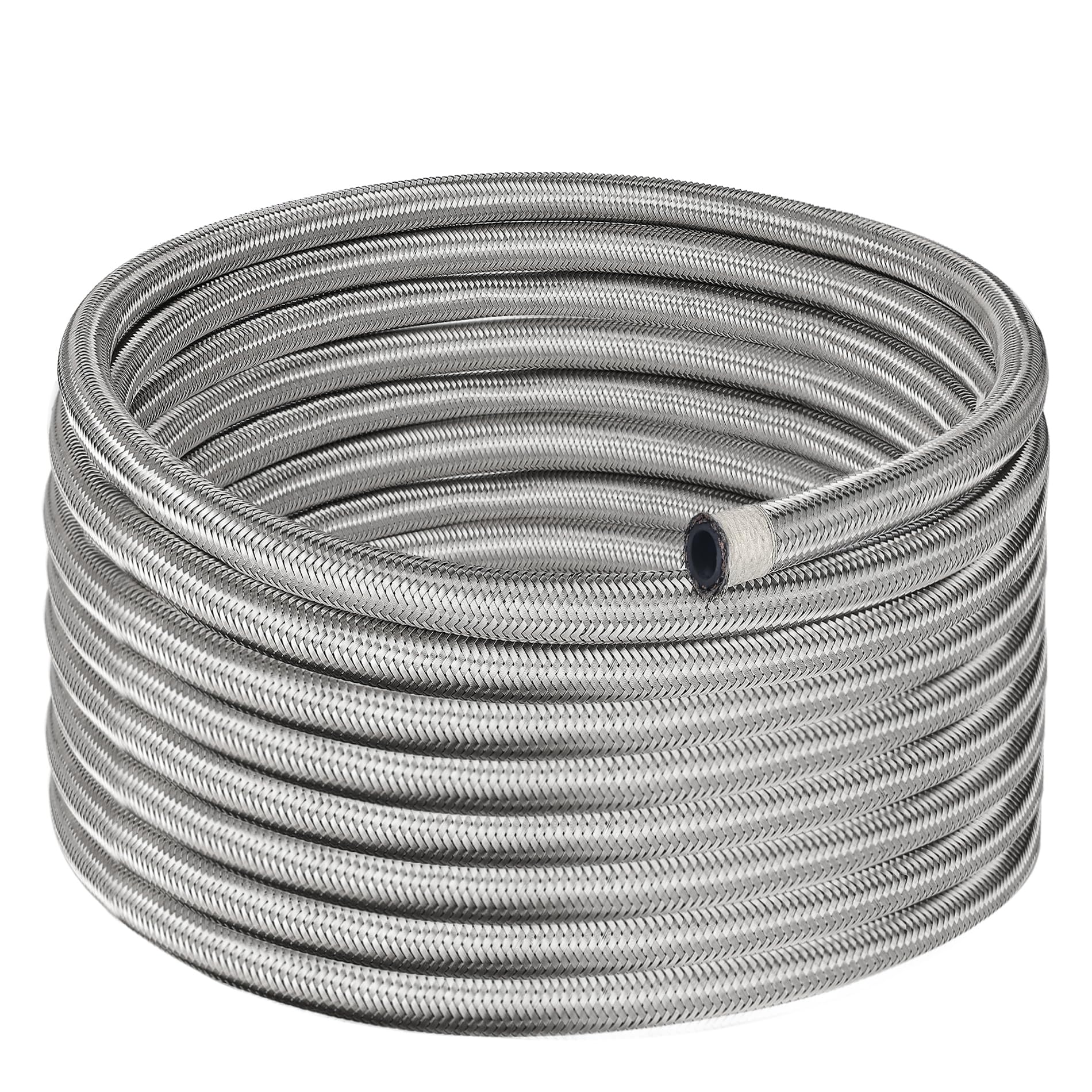 EVIL ENERGY front view of 6AN braided fuel line showing silver braid and flexibility benefit