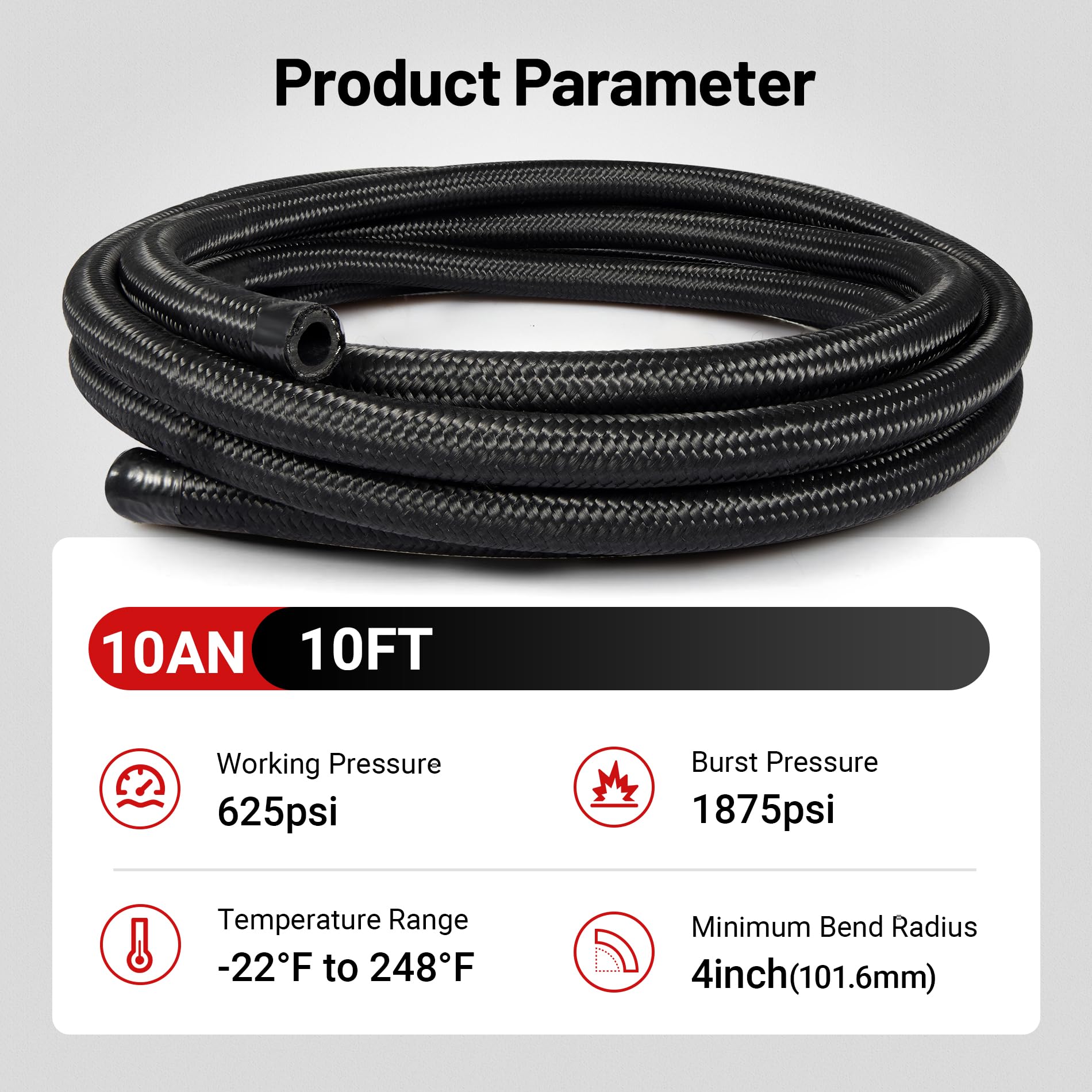 EVIL ENERGY hose laid out next to ruler to show 10ft length and easy cutting for custom fit