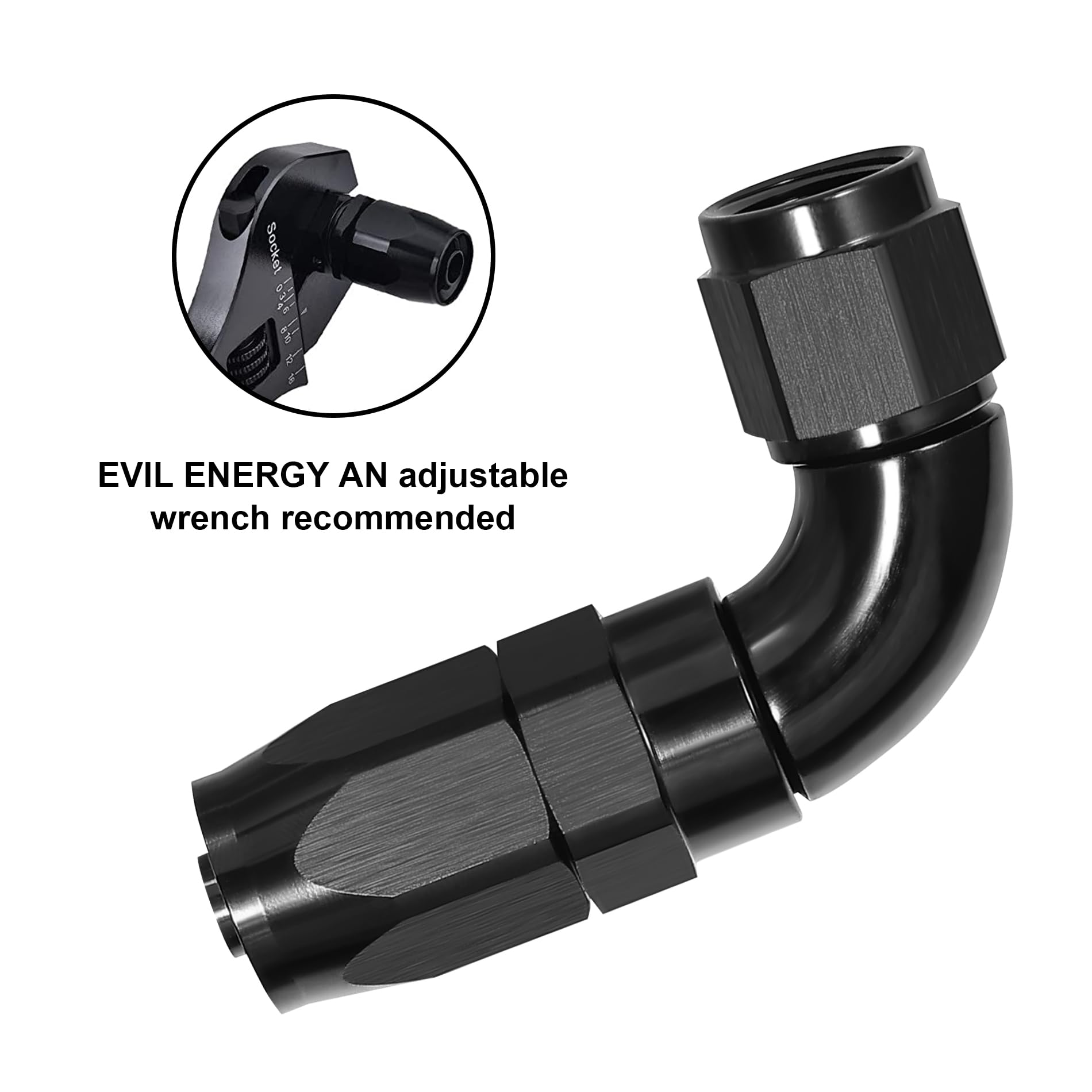 EVIL ENERGY installed on stainless braided hose demonstrating swivel alignment benefit