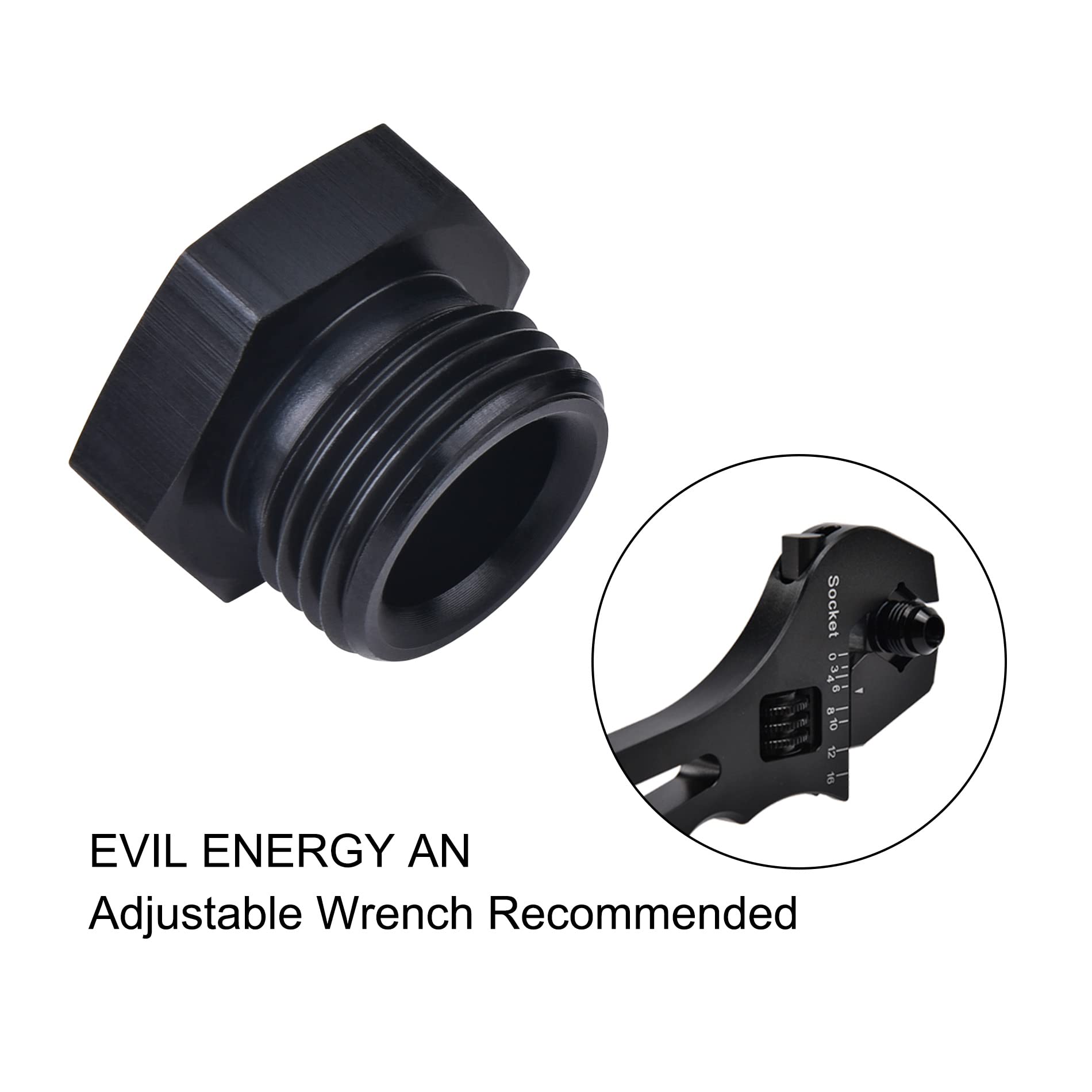 EVIL ENERGY next to a wrench for scale showing compact size and easy fit