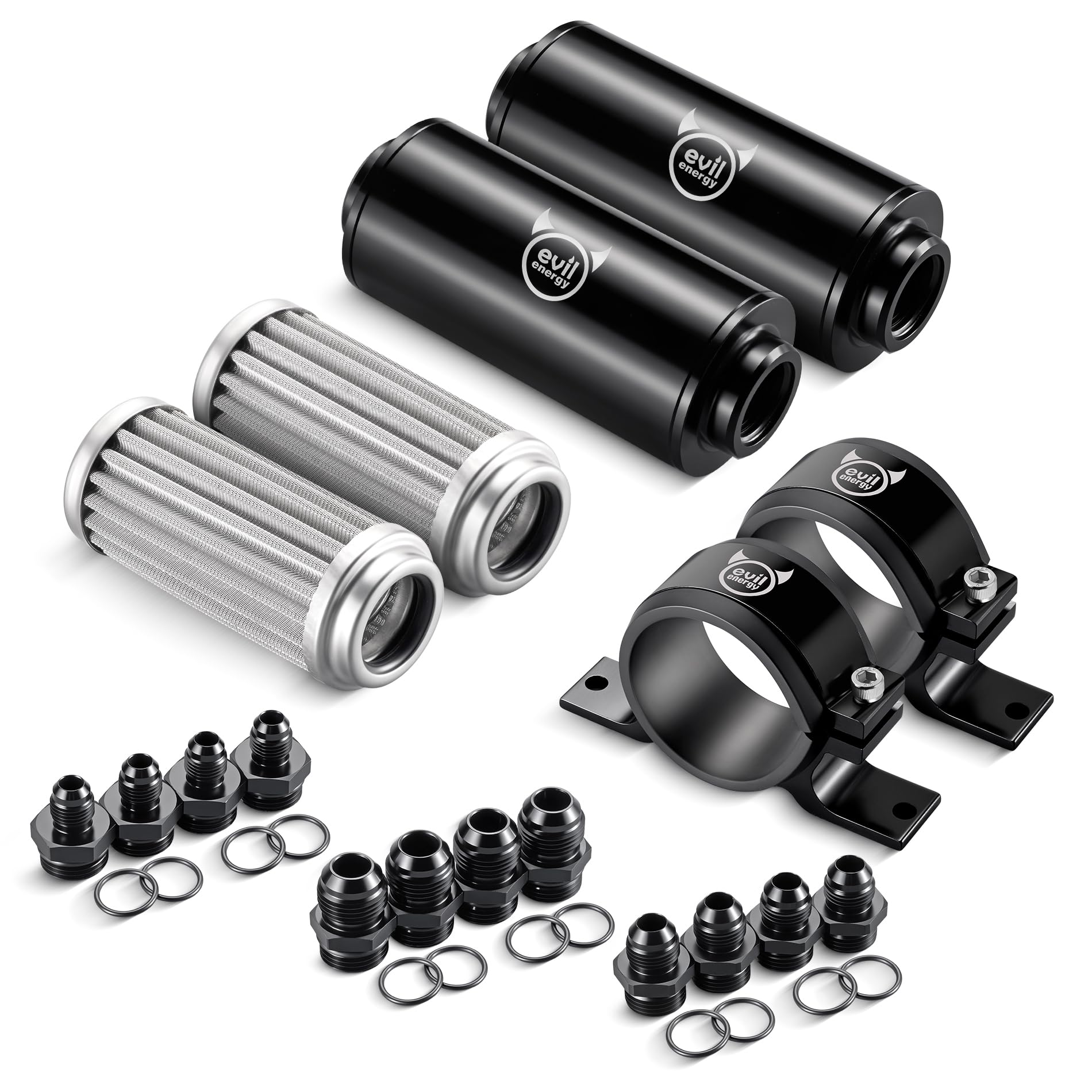 EVIL ENERGY dual fuel filter front view showing housings and fittings benefits reliable protection