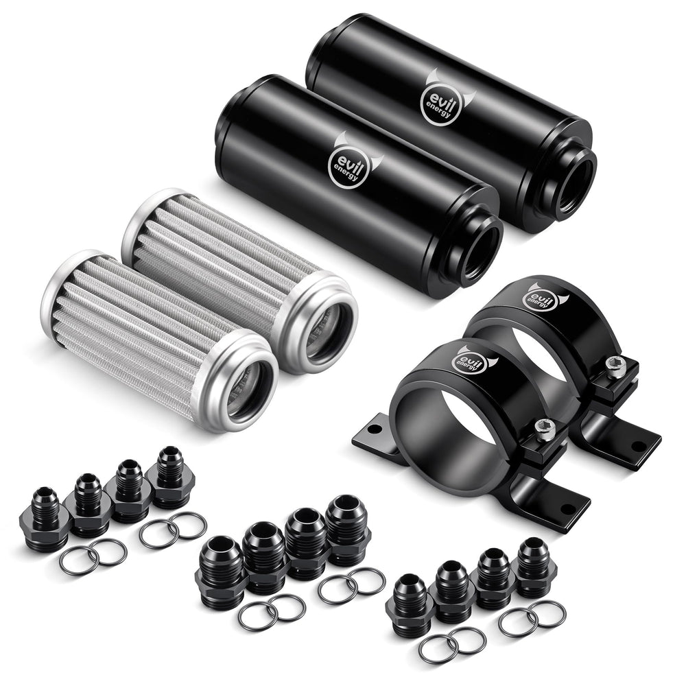 EVIL ENERGY dual fuel filter front view showing housings and fittings benefits reliable protection
