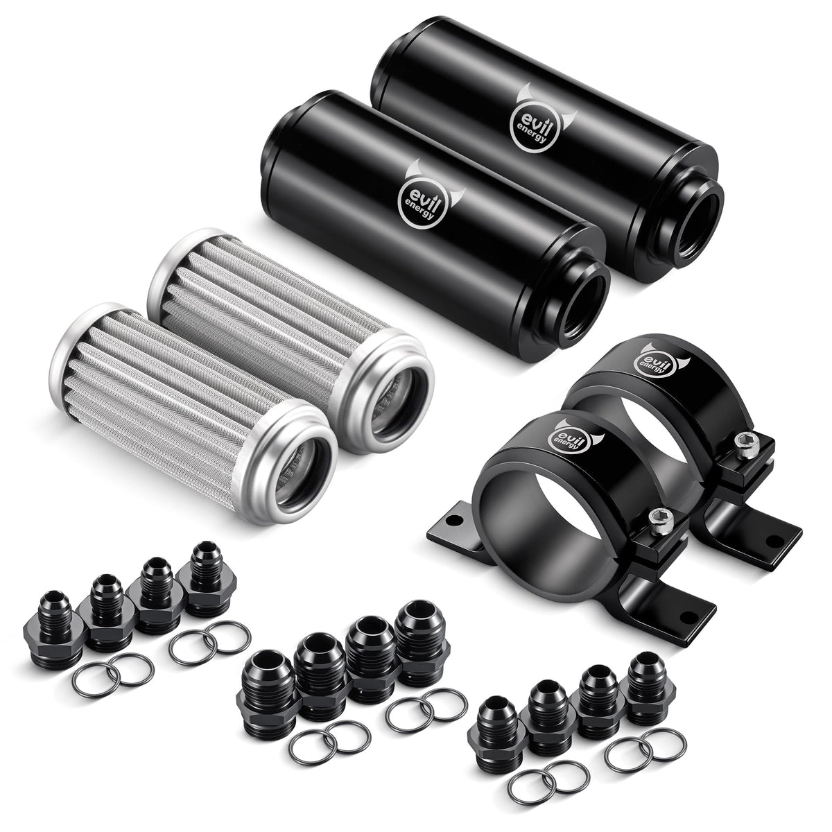 EVIL ENERGY dual fuel filter front view showing housings and fittings benefits reliable protection