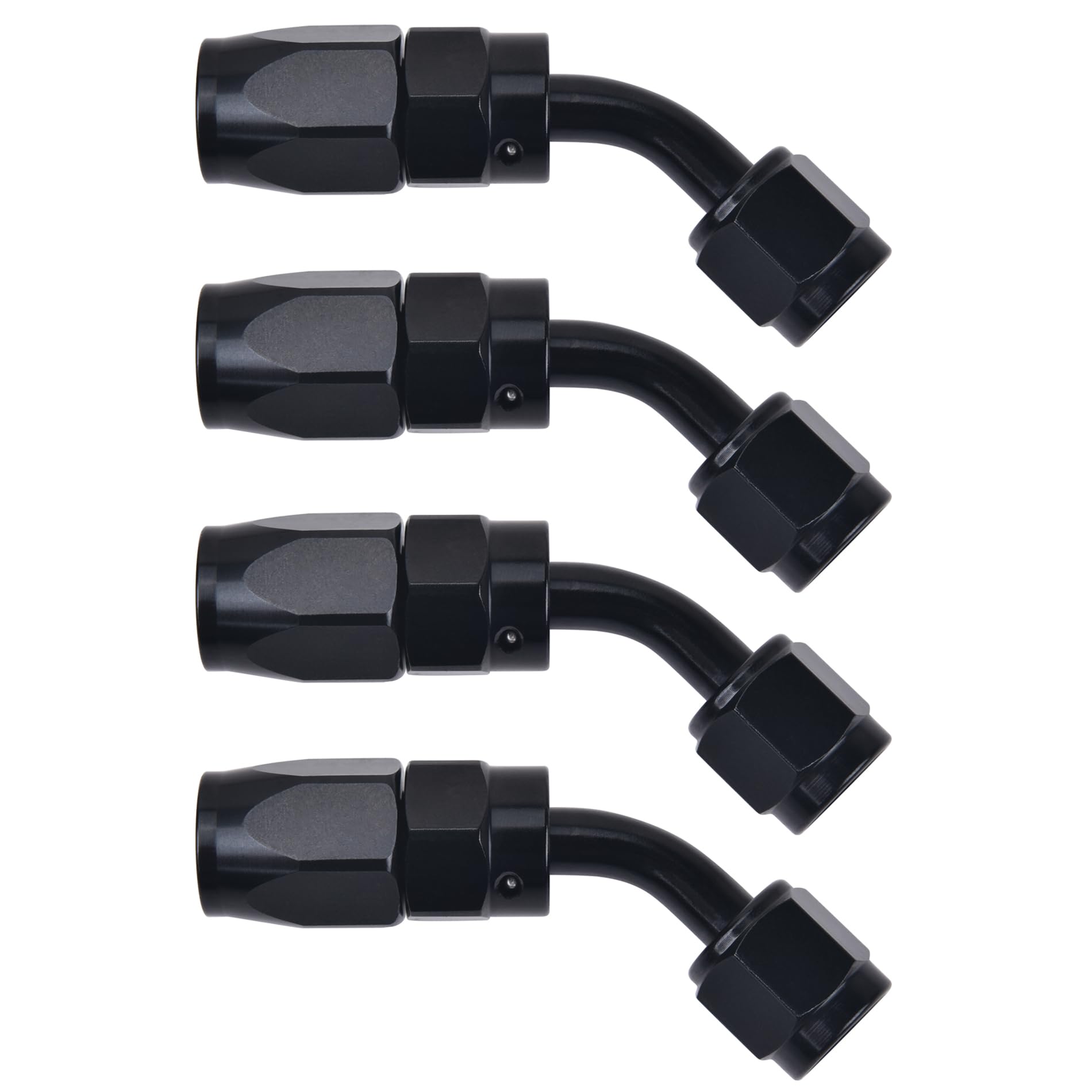 EVIL ENERGY front view of four 6AN 45° fittings showing finish and ports for better durability