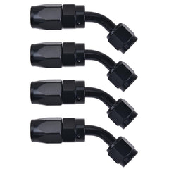 EVIL ENERGY front view of four 6AN 45° fittings showing finish and ports for better durability