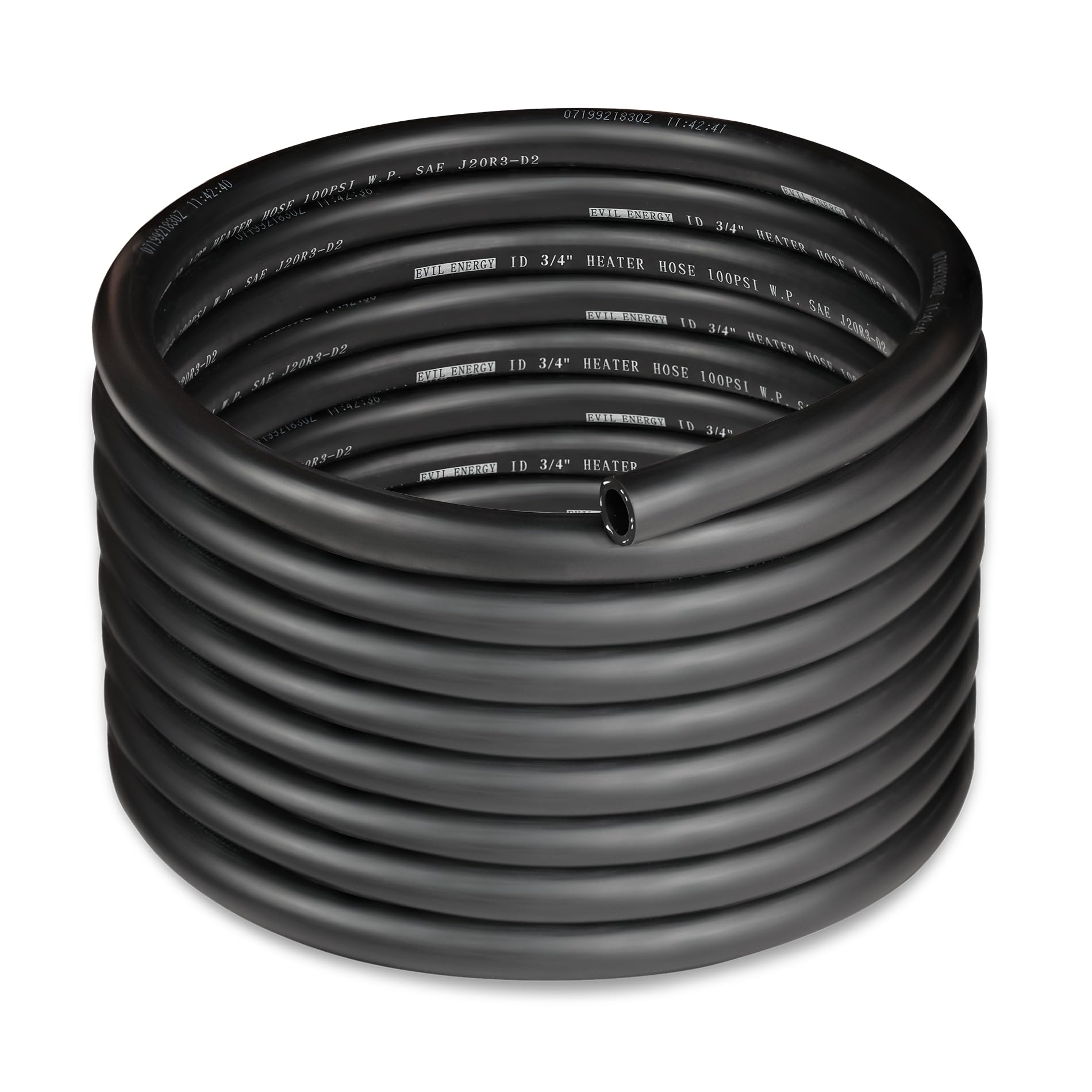 EVIL ENERGY front view of 20ft heater hose showing label and coil; durable storage benefit