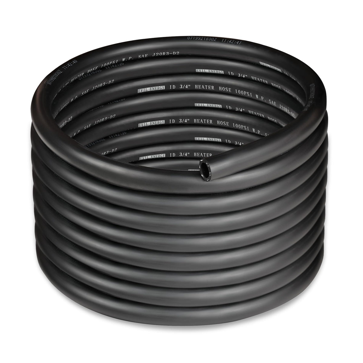 EVIL ENERGY front view of 20ft heater hose showing label and coil; durable storage benefit