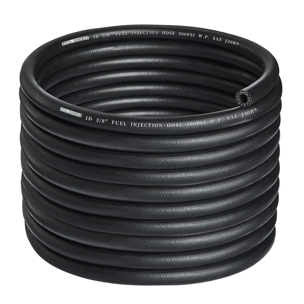 EVIL ENERGY front view of 3/8" fuel hose showing length and packaging benefit durability