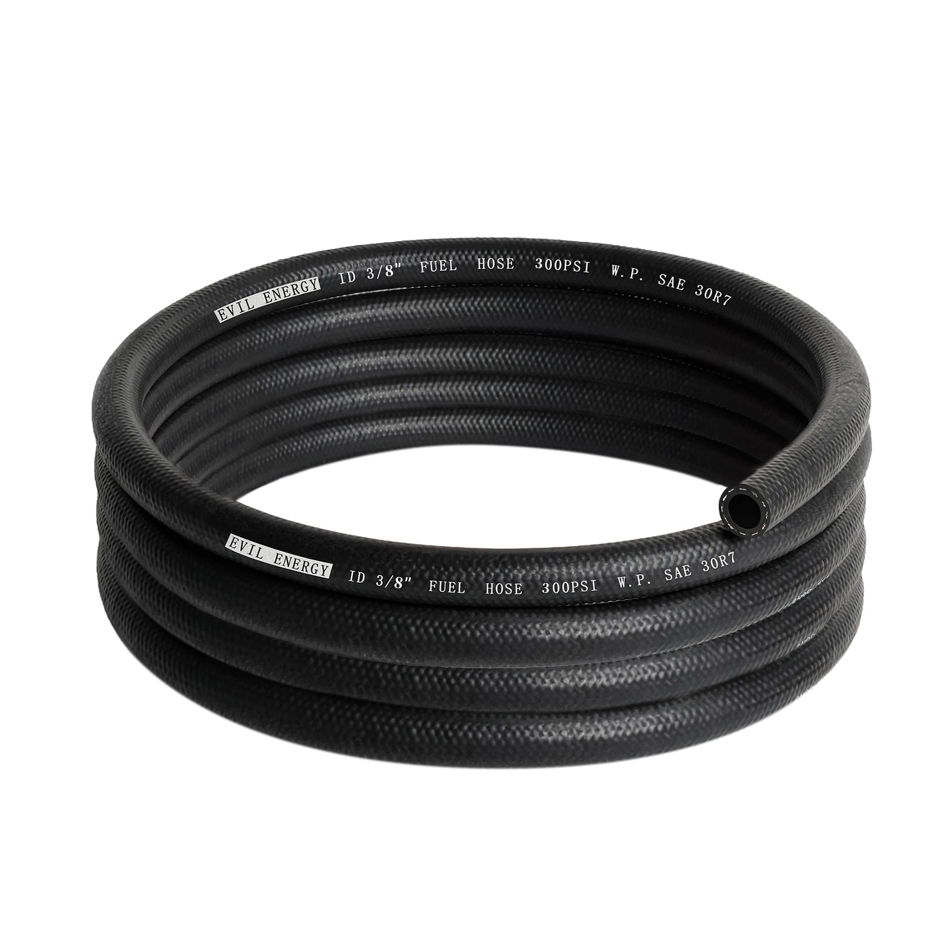 EVIL ENERGY front view of 10ft fuel hose showing length and coil benefit durable supply