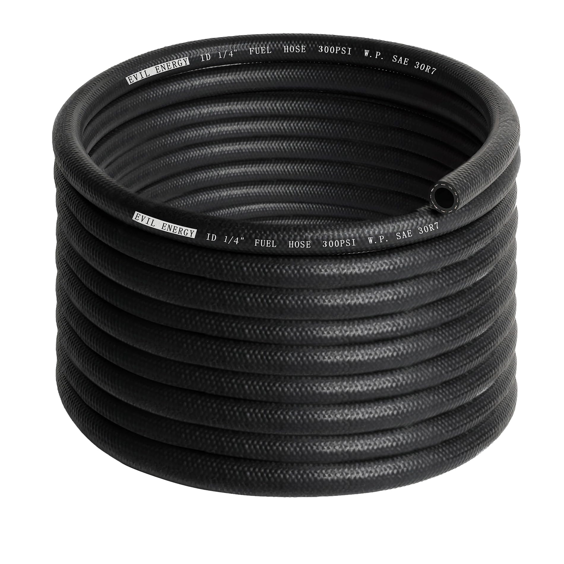 EVIL ENERGY front view of 25ft fuel hose showing branding and coil, durable supply