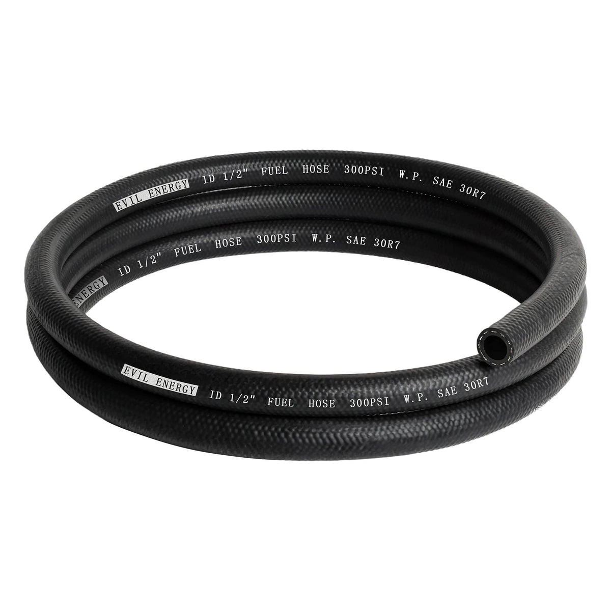 EVIL ENERGY front view of 5ft SAE 30R7 fuel hose showing label and length benefit