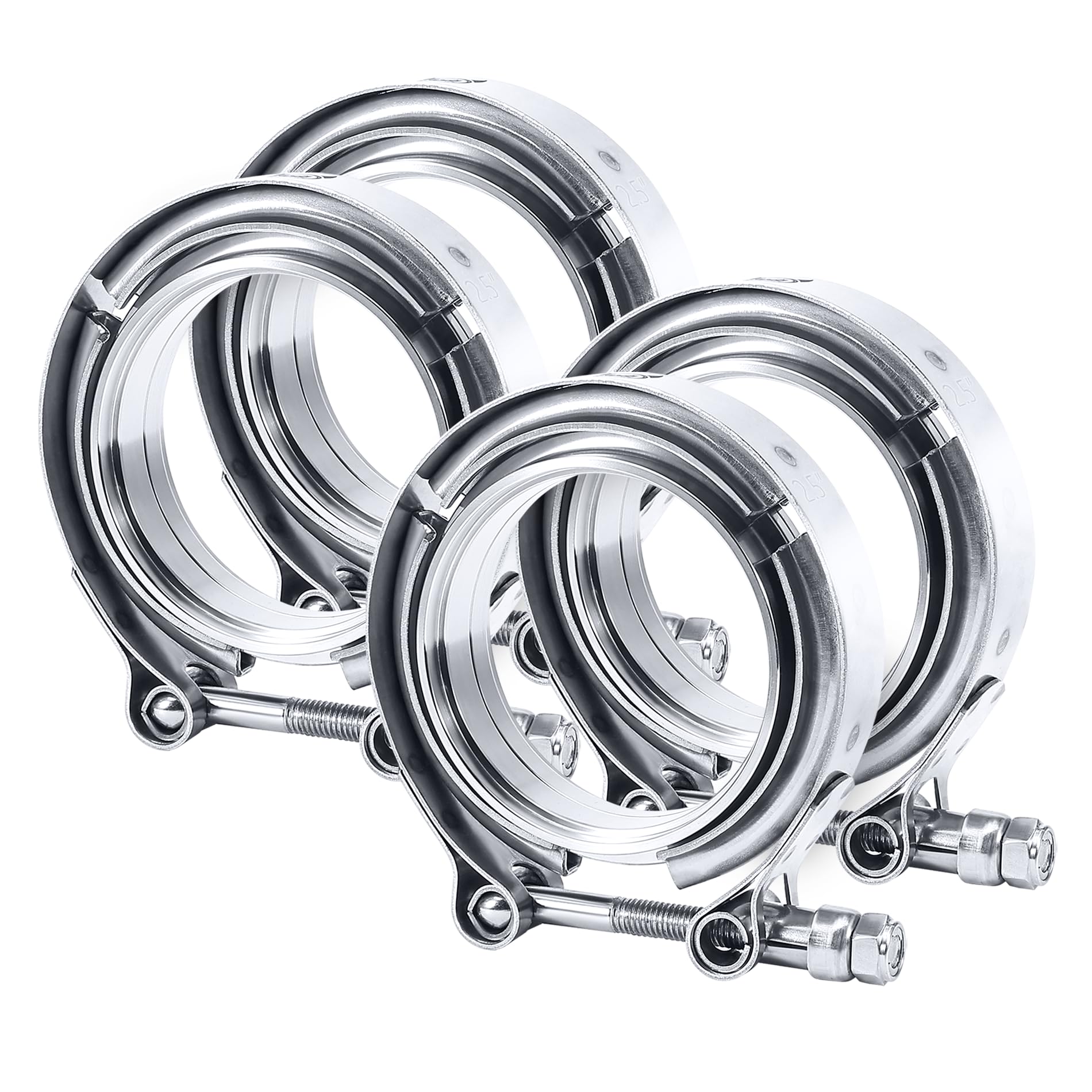 EVIL ENERGY front view of 2.5" V-band clamp kit showing hardware and four-piece layout, durable fit
