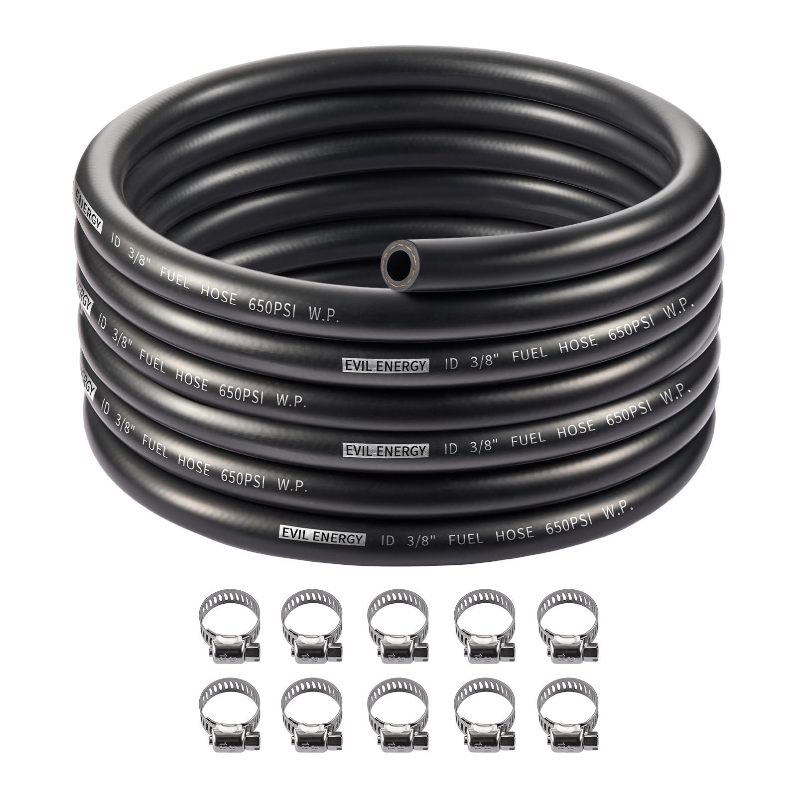 EVIL ENERGY front view of 20ft fuel hose showing packaging and label, clear identification benefit