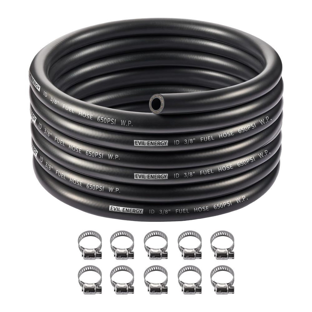 EVIL ENERGY front view of 20ft fuel hose showing packaging and label, clear identification benefit