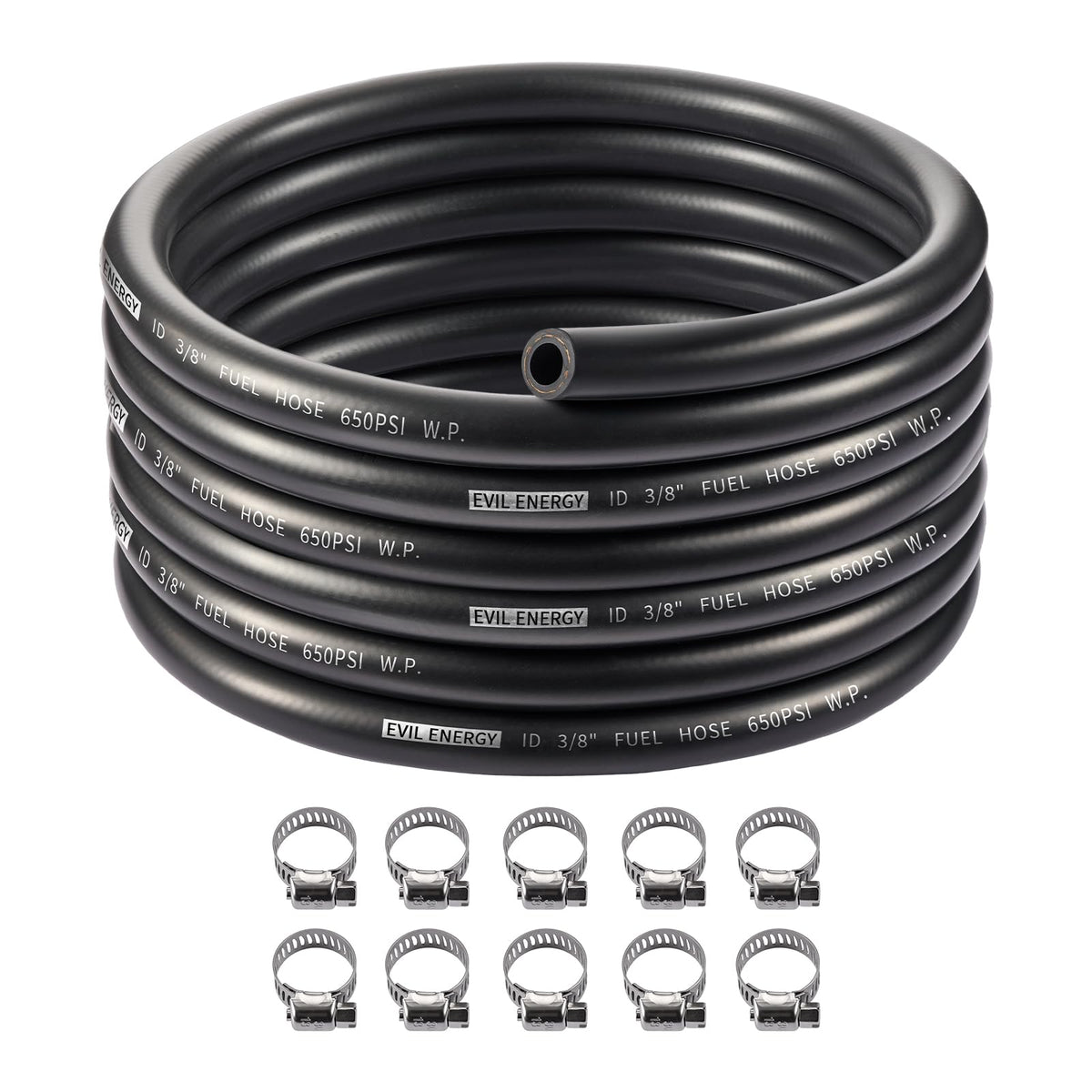 EVIL ENERGY front view of 20ft fuel hose showing packaging and label, clear identification benefit