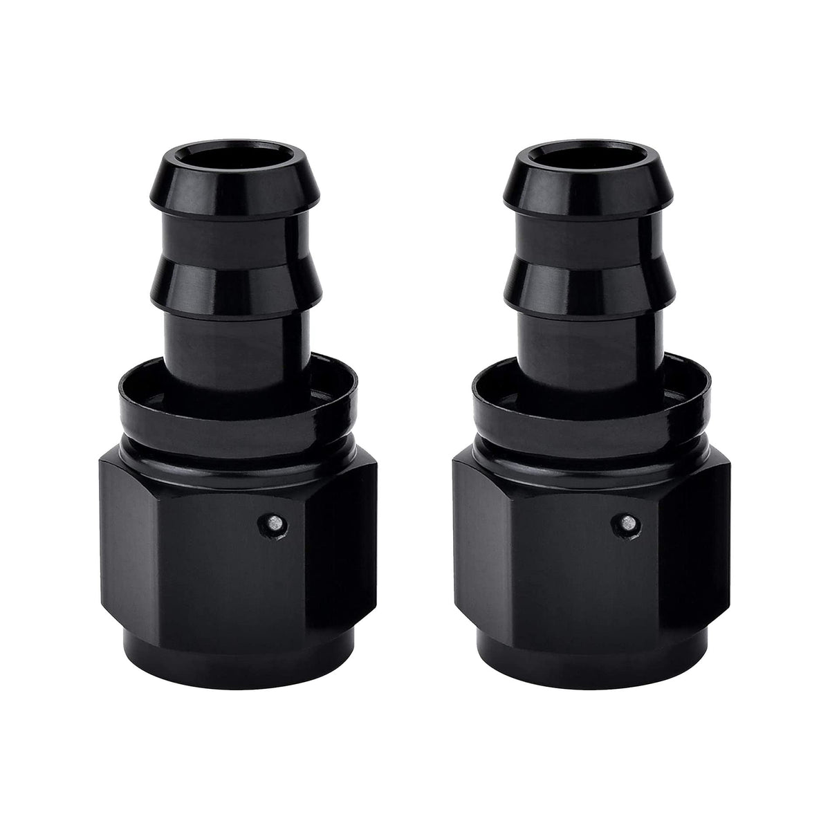 EVIL ENERGY front view of 10AN to 5/8" barb fitting showing compact shape and black finish