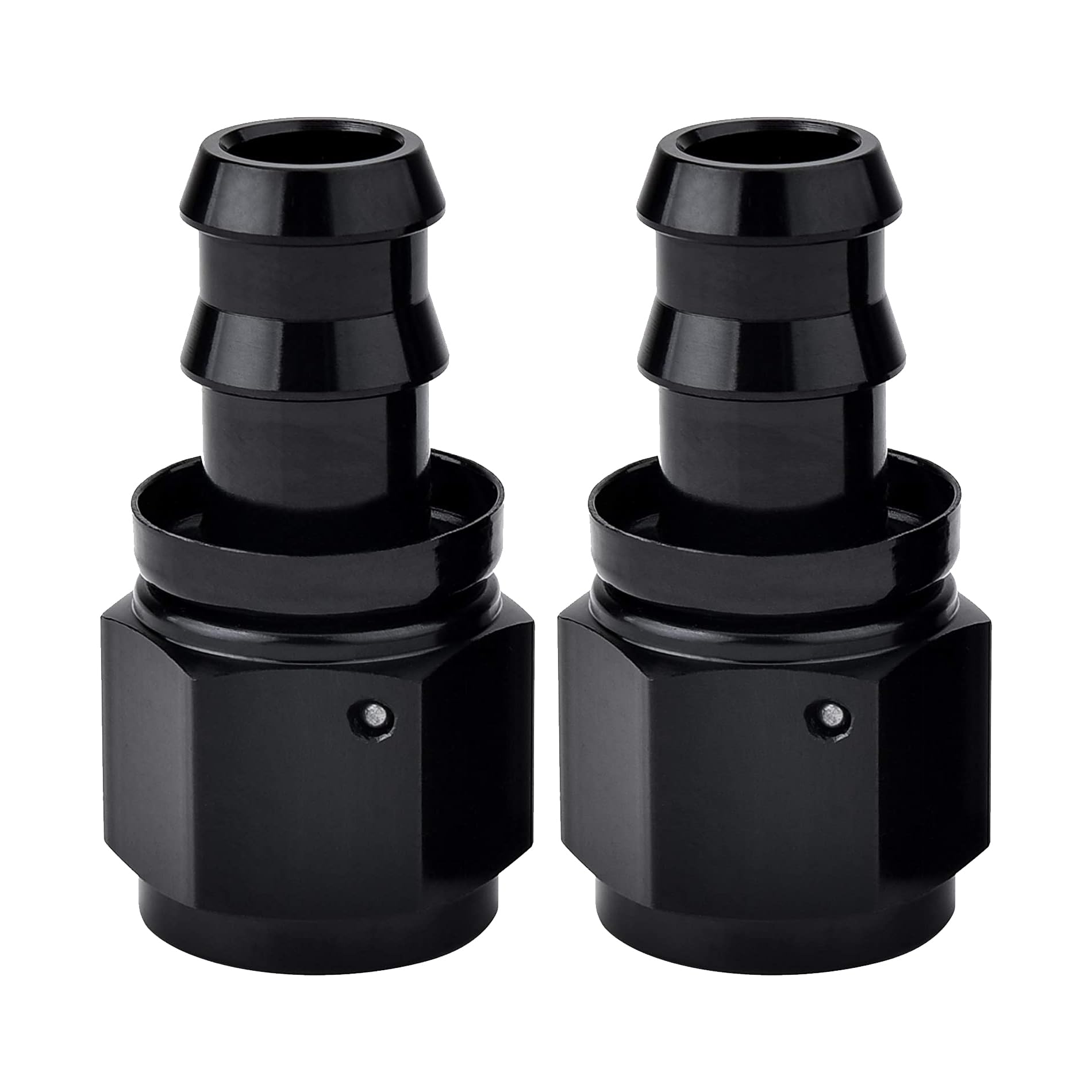 EVIL ENERGY front view of 12AN to 3/4" barb fitting showing black anodized finish and compact profile benefits