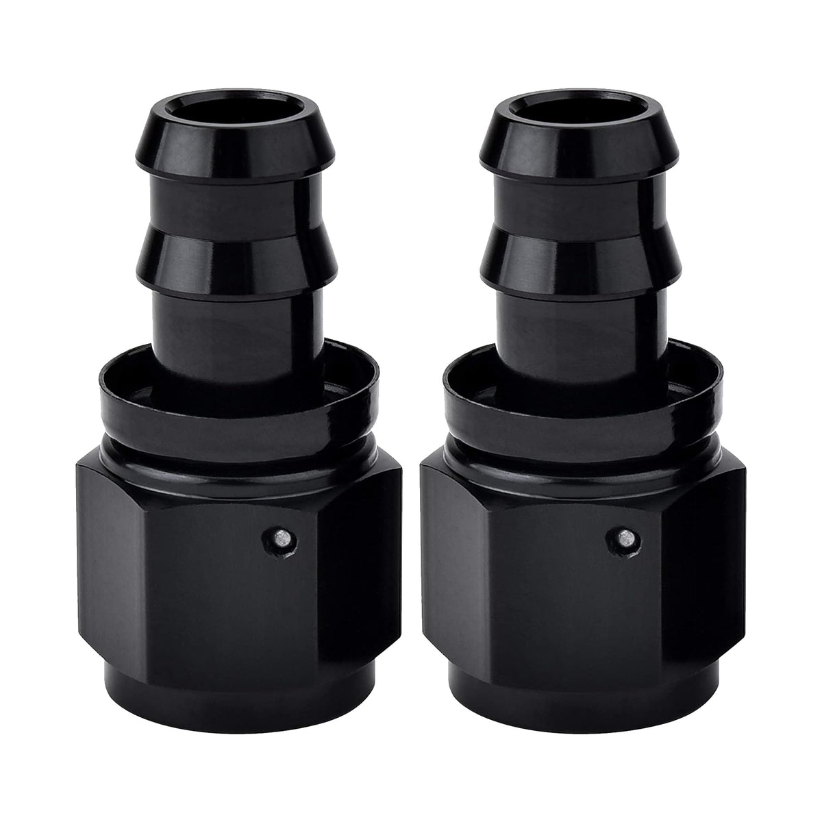 EVIL ENERGY front view of 12AN to 3/4" barb fitting showing black anodized finish and compact profile benefits