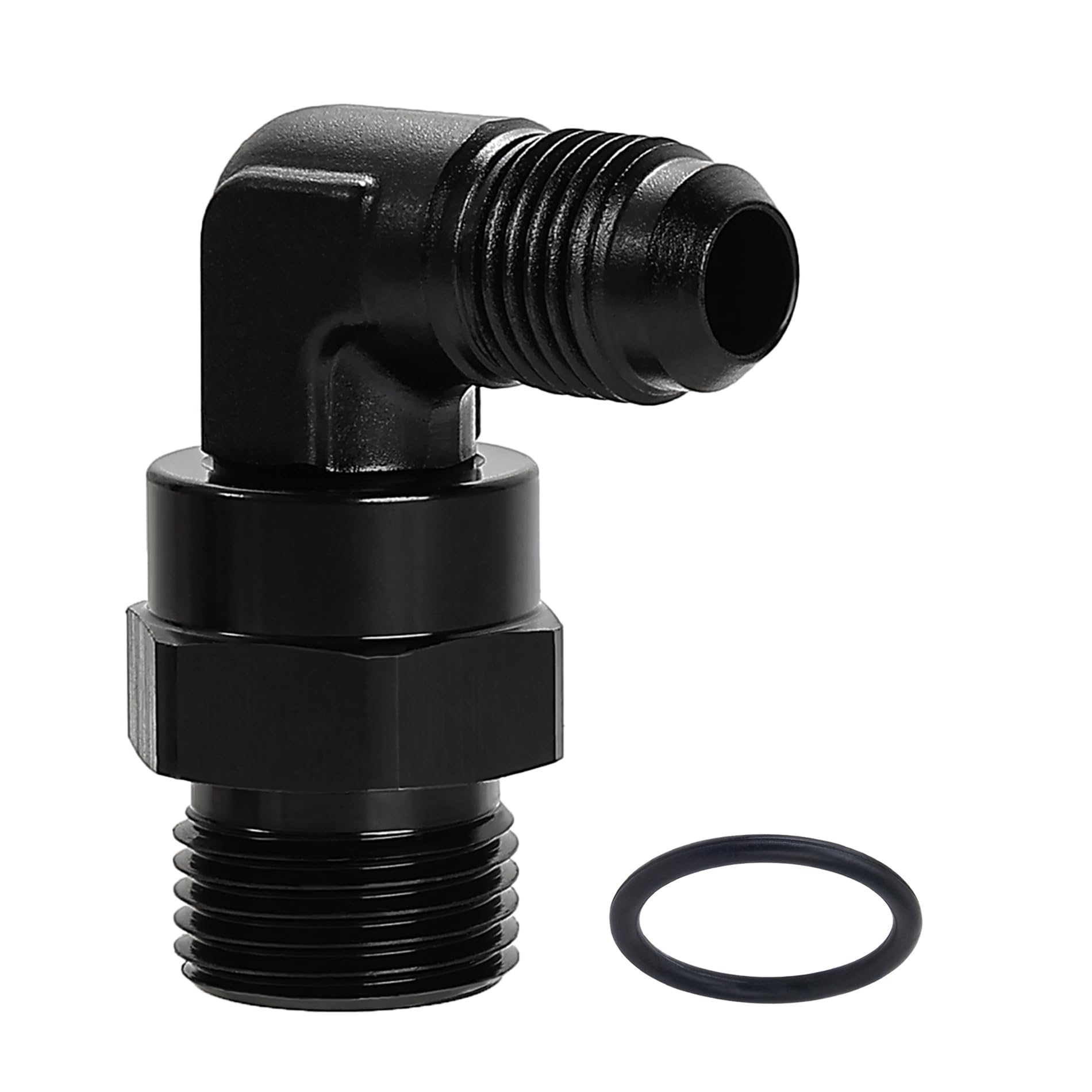 EVIL ENERGY front view of 6AN to 8AN 90° swivel adapter showing compact profile and black finish