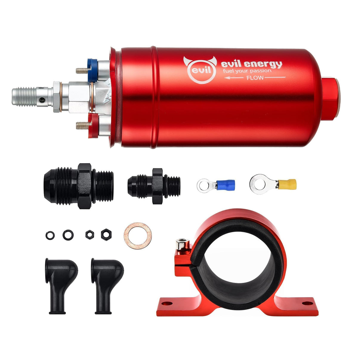 EVIL ENERGY front view of the inline fuel pump showing compact design and durability