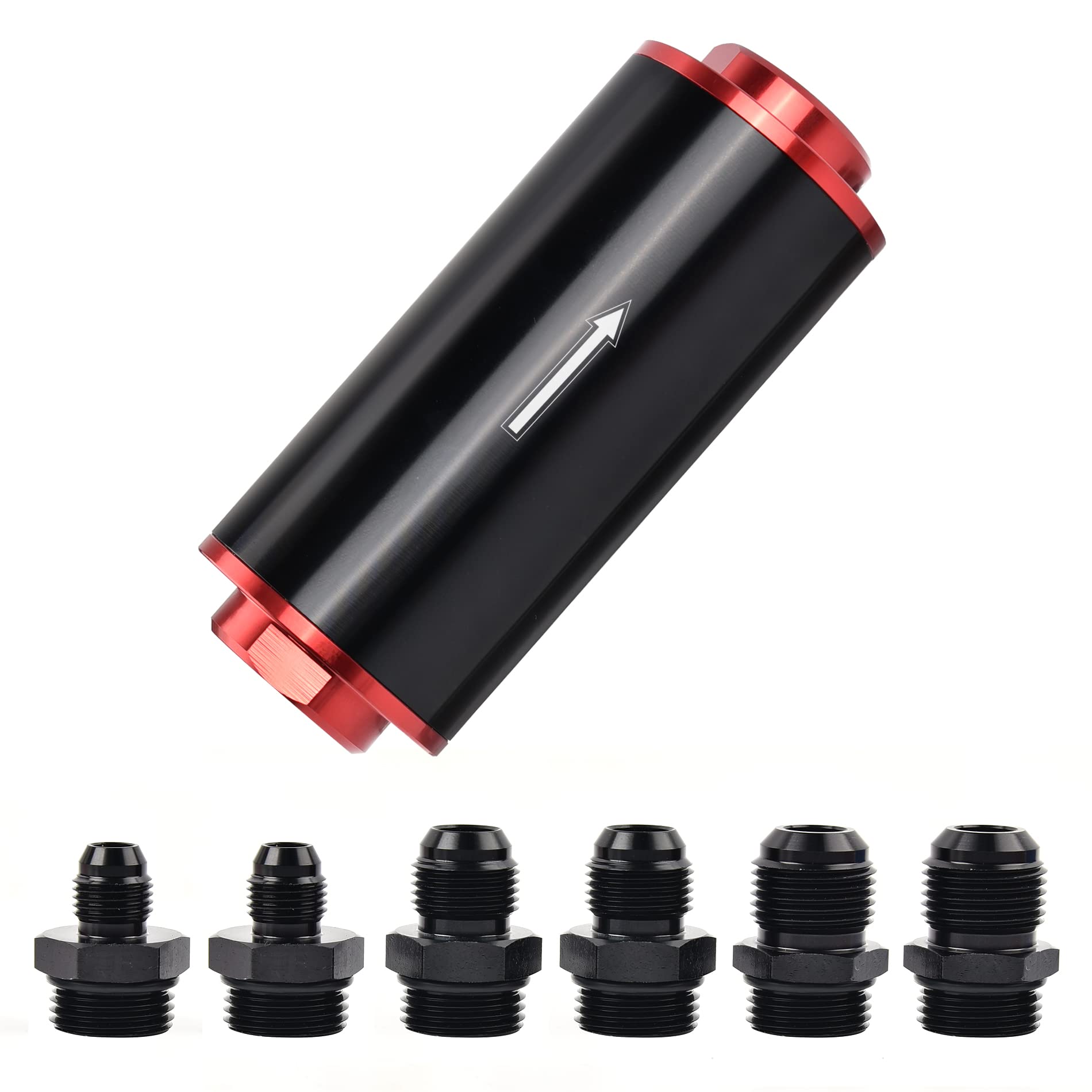 EVIL ENERGY front view of red 50mm inline fuel filter showing durable housing and adapters