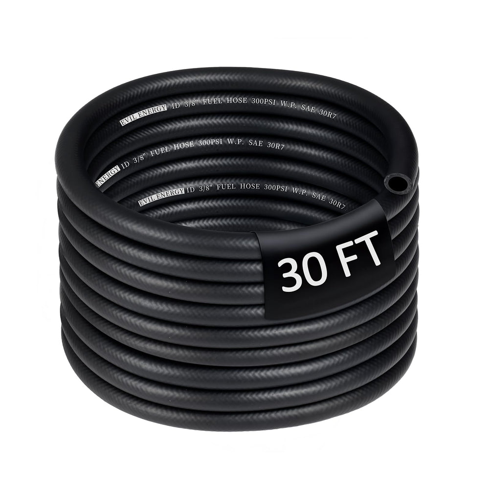 EVIL ENERGY front view of 3/8" fuel hose roll showing label and length benefit