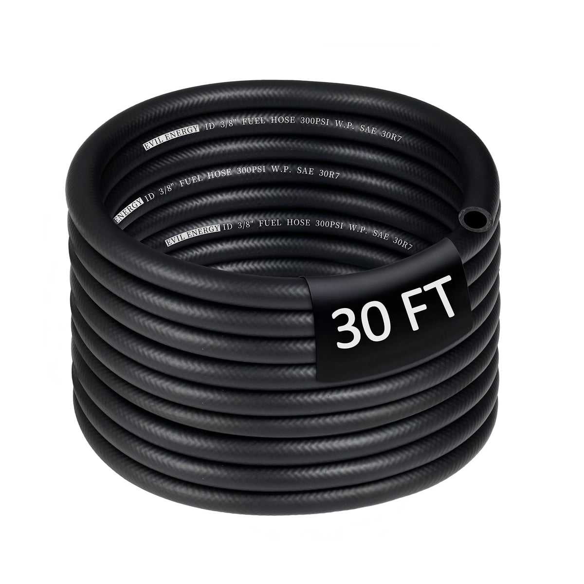 EVIL ENERGY front view of 3/8" fuel hose roll showing label and length benefit