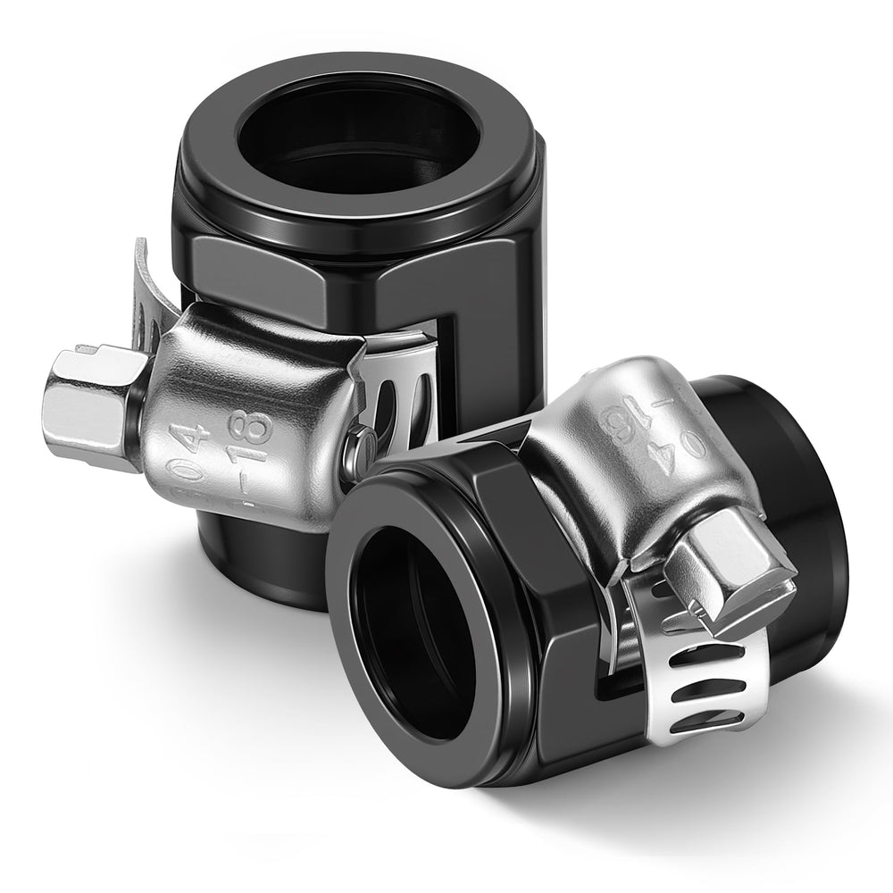 EVIL ENERGY front view of black 6AN hose finisher clamp showing clean finish benefit