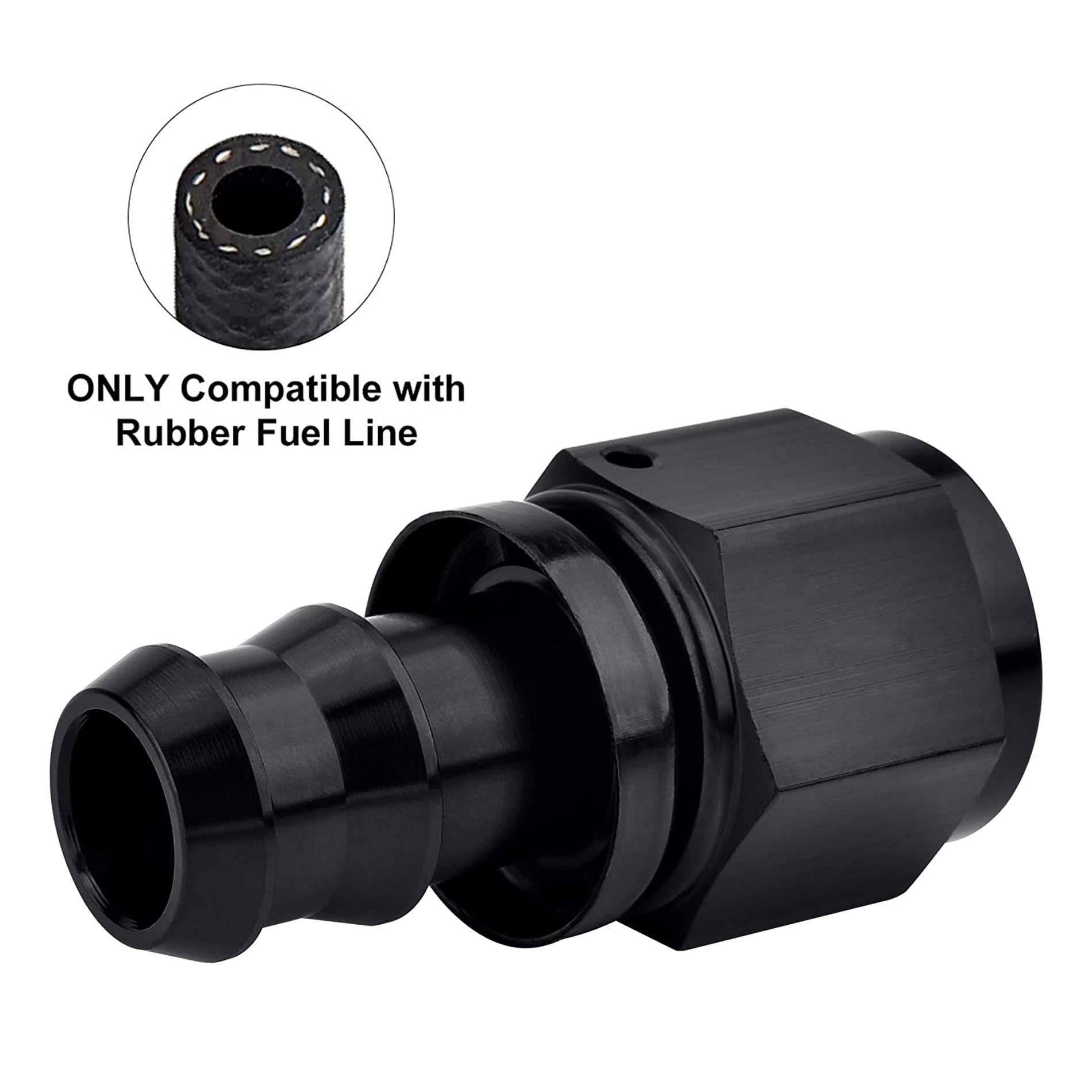 EVIL ENERGY fitting installed on rubber fuel hose with clamp, showing easy assembly and strong seal