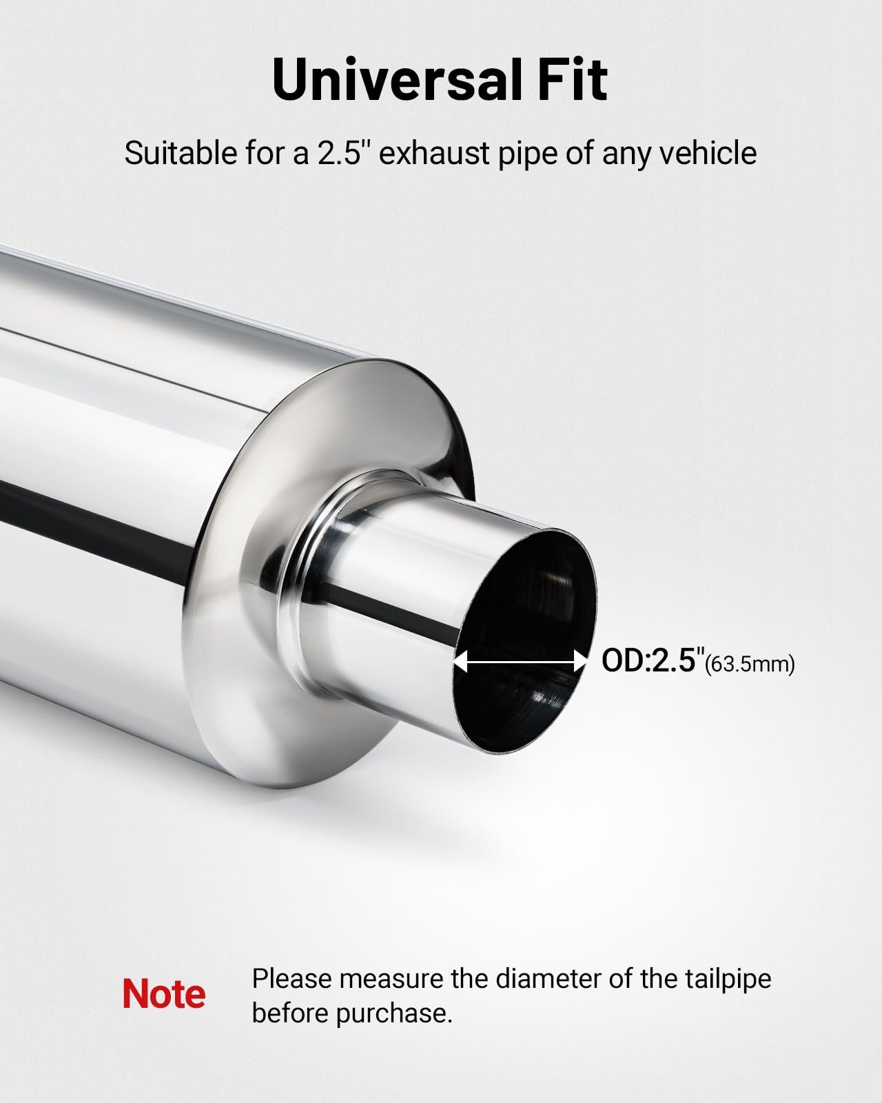 EVIL ENERGY inlet measurement showing 2.5-inch fit for accurate vehicle matching benefit