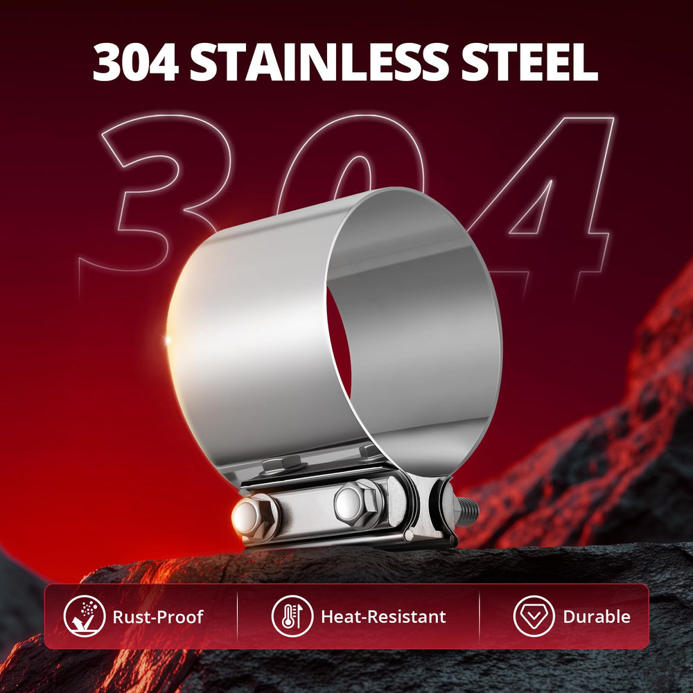 EVIL ENERGY clamp installed on exhaust pipe illustrating leak-resistant joint benefit