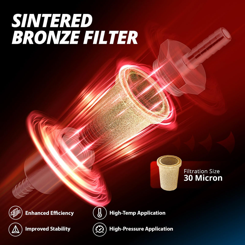 EVIL ENERGY filter installed on motorcycle fuel line demonstrating easy fitment